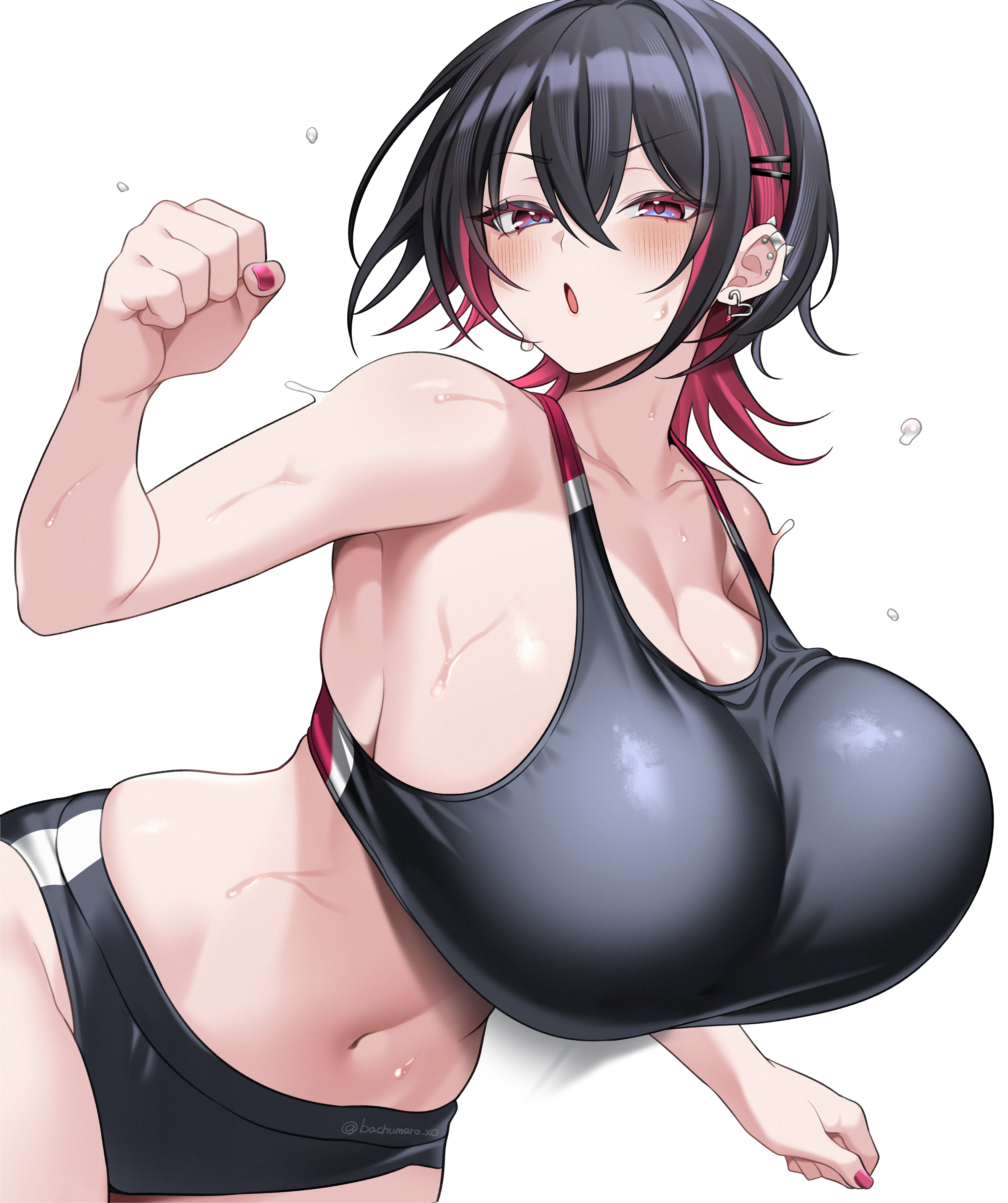 hz (666v), original, absurdres, highres, 1girl, :o, bare arms, bare shoulders, black buruma, black hair, blue eyes, blush, bouncing breasts, breasts, buruma, cleavage, clenched hands, collarbone, colored inner hair, earrings, hair between eyes, hair ornament, hairclip, hand up, heart, heart earrings, huge breasts, jewelry, kobeni-chan (hz (666v)), looking at viewer, midriff, mole, mole on collarbone, multicolored eyes, multicolored hair, nail polish, navel, red eyes, red hair, red nails, short hair, simple background, solo, spiked ear piercing, sports bra, strap gap, sweat, twitter username, two-tone eyes, v-shaped eyebrows, white background