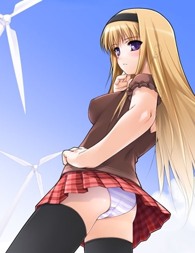 1girl, ass, black thighhighs, blonde hair, cloud, day, female focus, hairband, long hair, panties, plaid clothes, plaid skirt, skirt, sky, solo, striped clothes, striped panties, thighhighs, underwear, upskirt, windmill