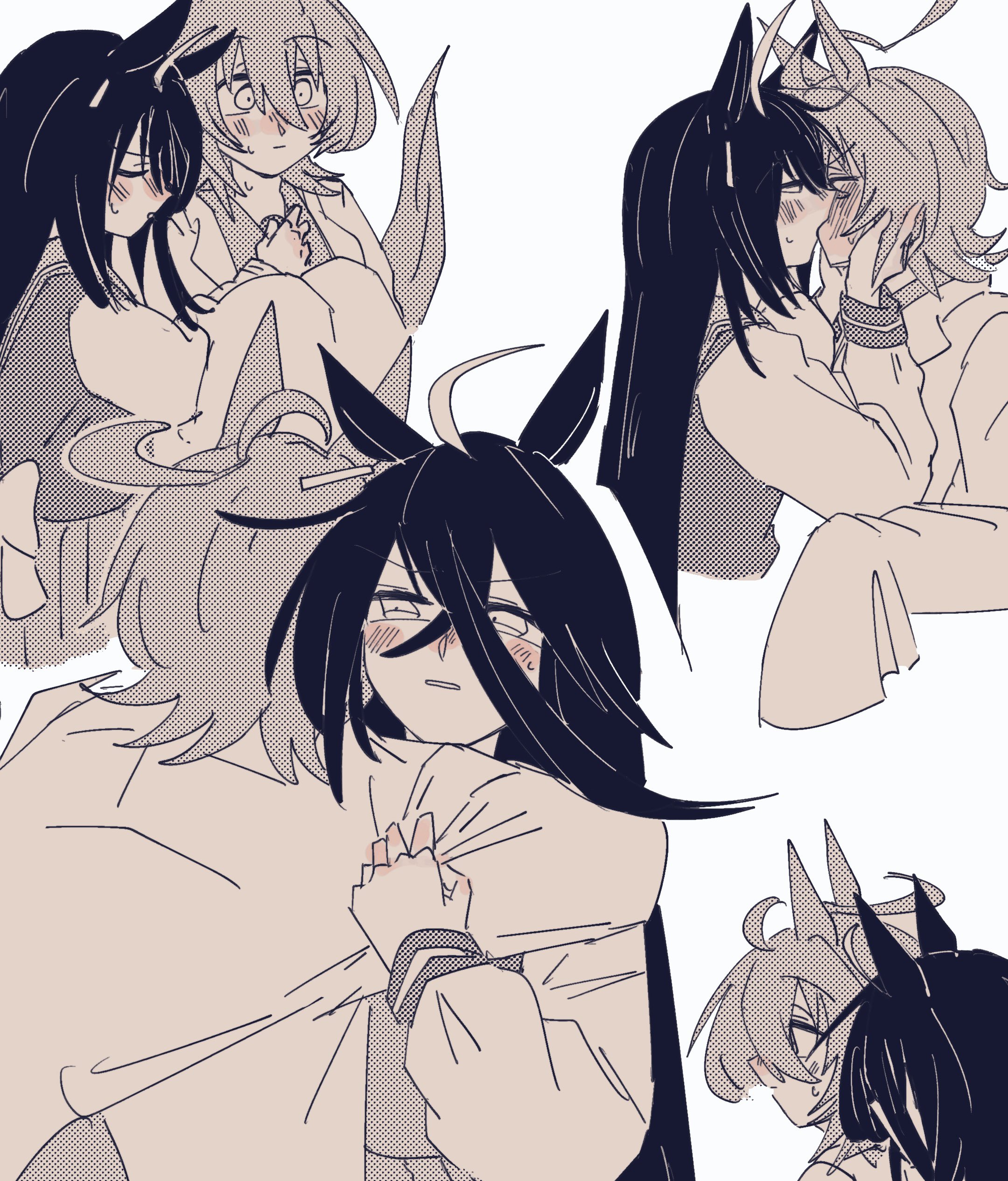 gachitamago, agnes tachyon (umamusume), manhattan cafe (umamusume), umamusume, absurdres, commentary, highres, 2girls, ahoge, animal ears, blush, closed mouth, greyscale, horse ears, horse girl, hug, kiss, lab coat, long hair, medium hair, monochrome, multiple girls, school uniform, sweat, tracen school uniform, yuri