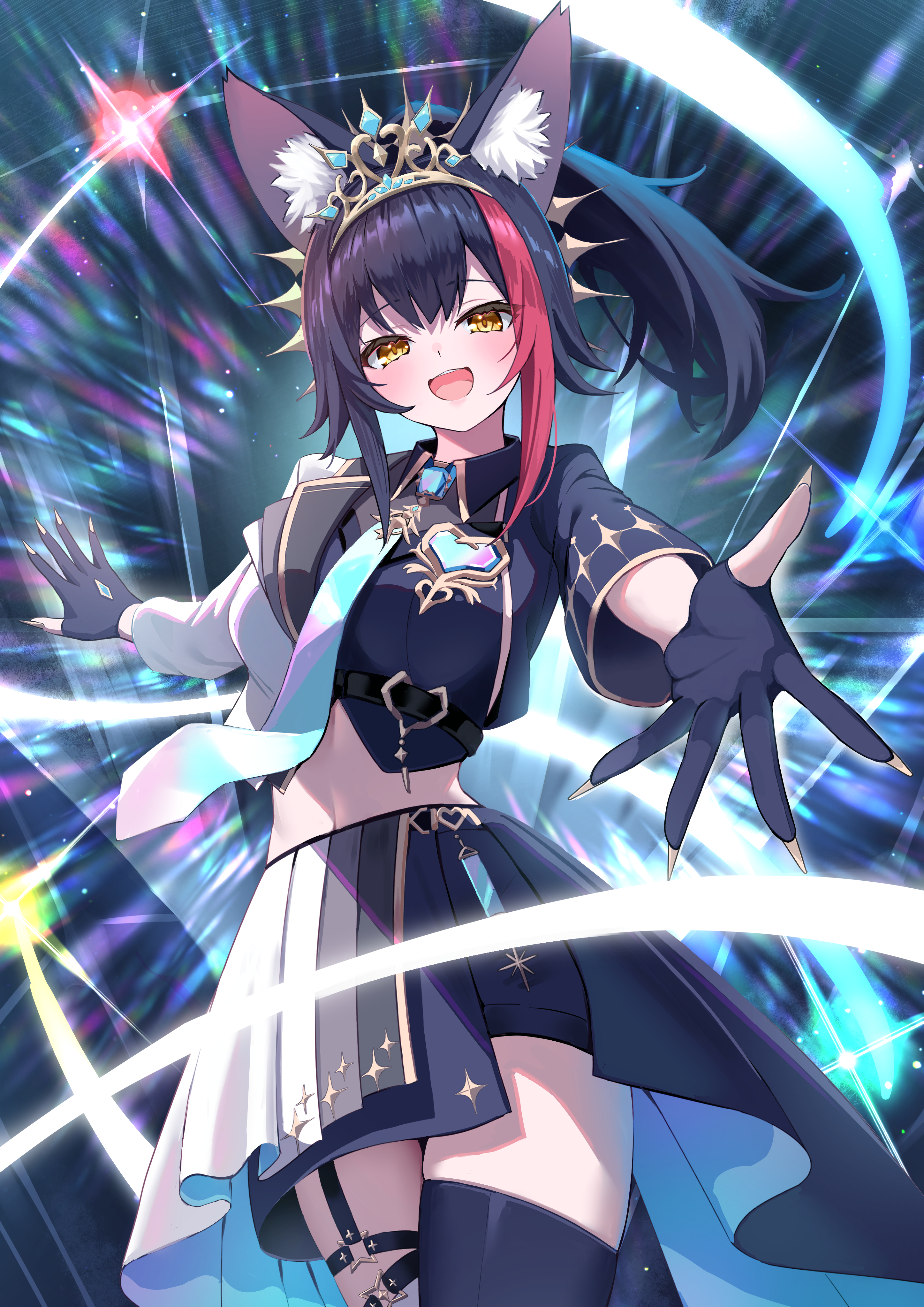 togemaru34, ookami mio, ookami mio (our sparkle), hololive, absurdres, commentary request, highres, 1girl, :d, animal ear fluff, animal ears, black gloves, black hair, black jacket, black shirt, black skirt, collared shirt, garter straps, gloves, gold tiara, gold trim, heart-shaped gem, jacket, layered skirt, long sleeves, looking at viewer, midriff, multicolored hair, multicolored jacket, necktie, official alternate costume, official alternate hairstyle, open mouth, outstretched arm, overskirt, partially fingerless gloves, pleated skirt, ponytail, reaching, reaching towards viewer, red hair, shirt, short hair, single garter strap, skirt, smile, solo, split-color clothes, streaked hair, teeth, two-tone jacket, two-tone skirt, upper teeth only, virtual youtuber, white jacket, white skirt, wolf ears, wolf girl, yellow eyes