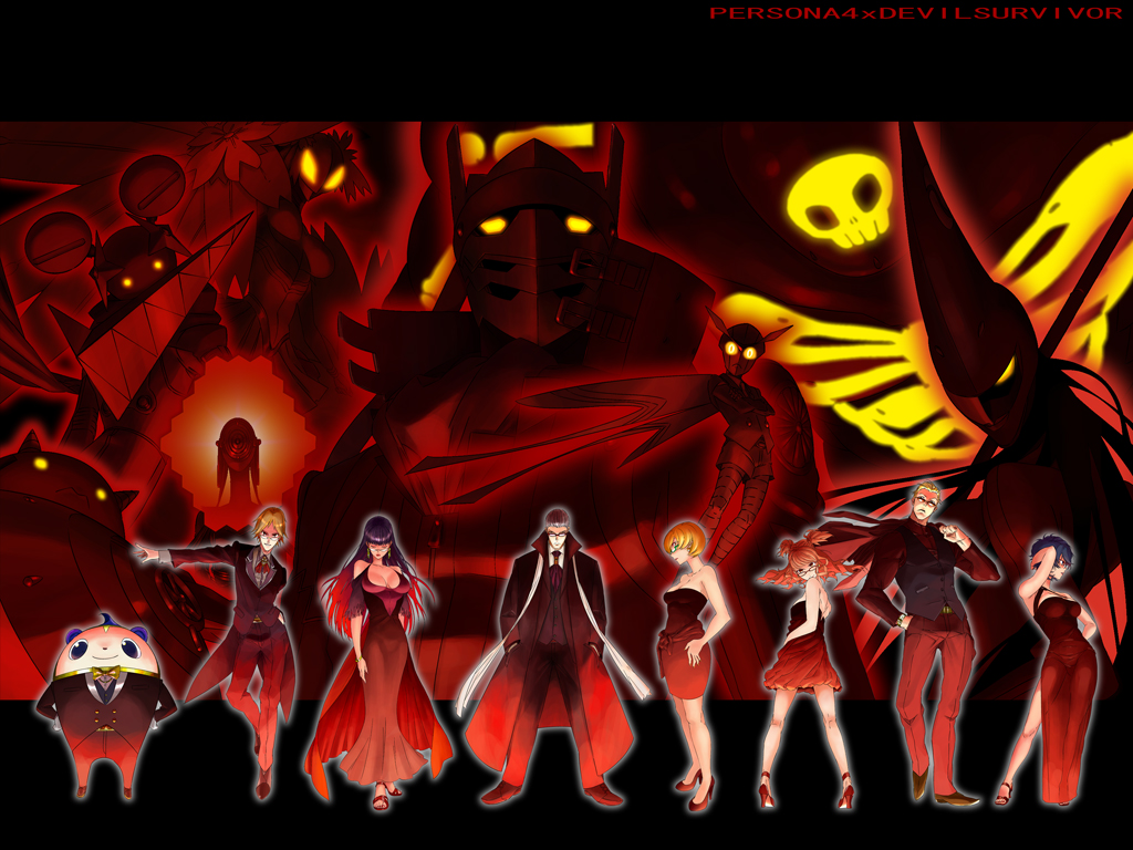 hei jin, oto tin, amagi yukiko, hanamura yousuke, himiko (persona 4), izanagi (persona 4), jiraiya (persona 4), konohana sakuya (persona), kujikawa rise, kuma (persona 4), narukami yu, satonaka chie, shirogane naoto, sukuna hikona, tatsumi kanji, tomoe (persona 4), atlus, devil survivor (series), devil survivor 1, persona, persona 4, 3boys, 4girls, alternate costume, coat, everyone, formal clothes, glasses, high heels, jacket, jiraiya (persona), kintoki douji (persona 4), multiple boys, multiple girls, shoes, suit, tomoe (persona)