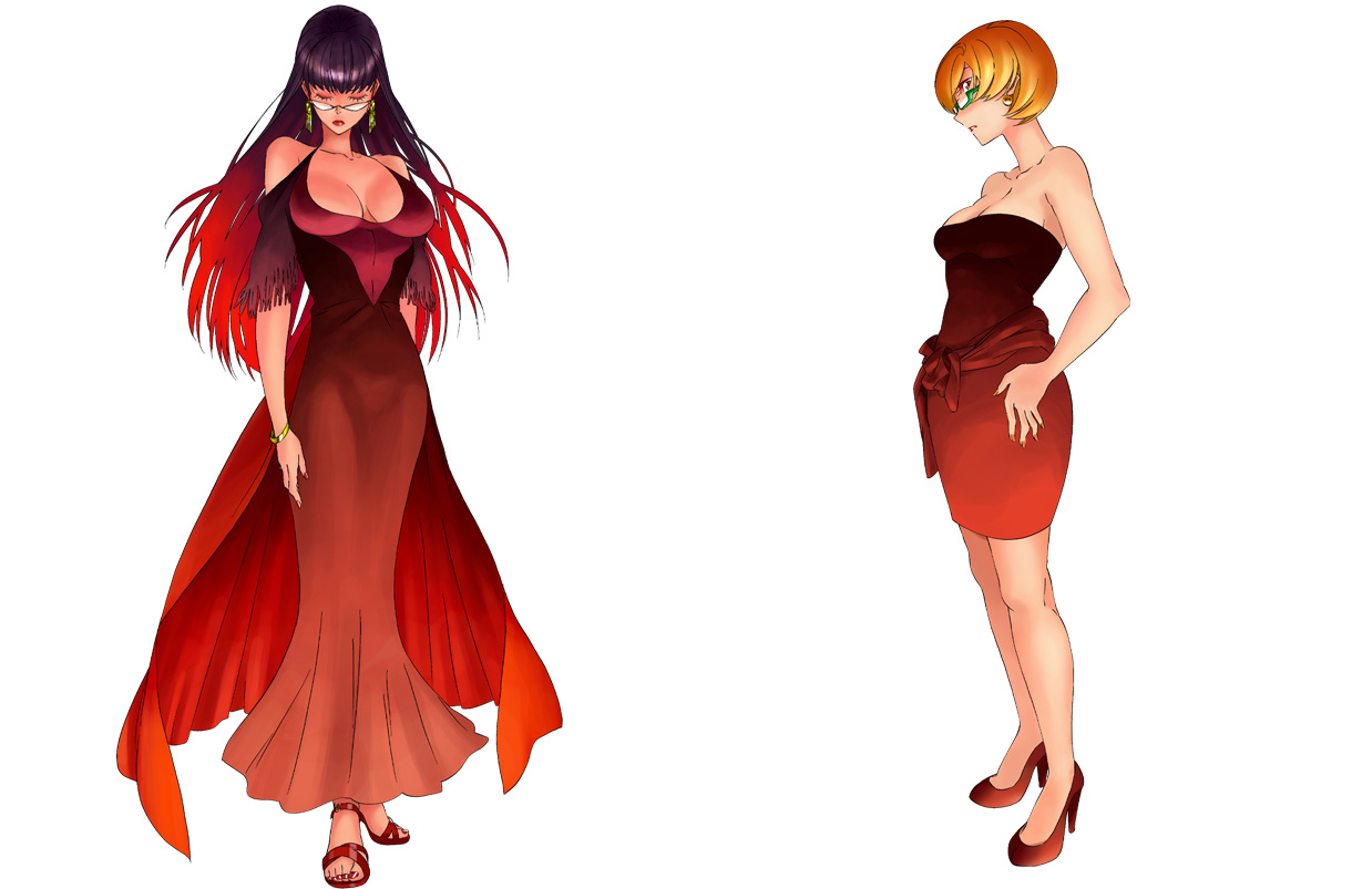 hei jin, oto tin, amagi yukiko, satonaka chie, atlus, persona, persona 4, toeless footwear, 2girls, bare shoulders, black hair, breasts, brown eyes, brown hair, cleavage, closed eyes, dress, earrings, formal clothes, glasses, green-framed eyewear, high heels, jewelry, large breasts, legs, lips, long hair, multicolored hair, multiple girls, nail polish, orange nails, profile, red nails, red theme, sandals, shoes, short hair, strapless, strapless dress, tube dress