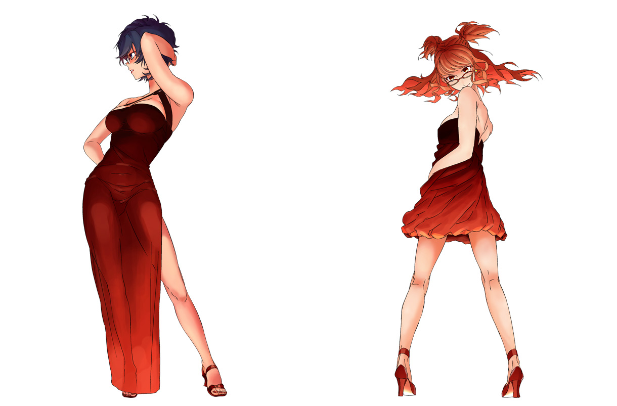 hei jin, oto tin, kujikawa rise, shirogane naoto, atlus, persona, persona 4, 2girls, arm behind head, bare legs, bare shoulders, blue hair, breasts, dress, glasses, hand on own hip, high heels, hip focus, looking back, multiple girls, orange hair, red dress, red hair, red skirt, see-through silhouette, shoes, short hair, skirt, twintails