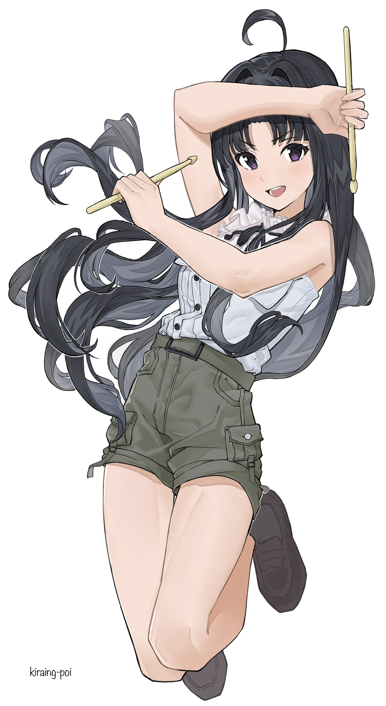 kiraing poi, awa subaru, girls band cry, absurdres, chinese commentary, commentary request, highres, 1girl, ahoge, artist name, black hair, black socks, brown shoes, drumsticks, full body, grey hair, hair intakes, holding, holding drumsticks, jumping, light blush, loafers, long hair, looking at viewer, purple eyes, shirt, shirt tucked in, shoes, shorts, simple background, sleeveless, sleeveless shirt, socks, solo, very long hair, white background, white shirt