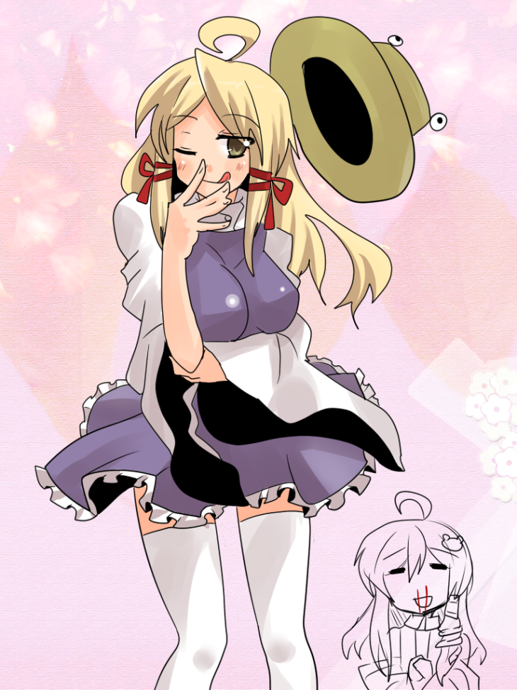 akatoro (nightlord), kochiya sanae, moriya suwako, touhou, breast hold, 1girl, :q, ;q, aged up, ahoge, blonde hair, blood, breasts, female focus, hat, nosebleed, one eye closed, solo, thighhighs, tongue, tongue out, white thighhighs, wink