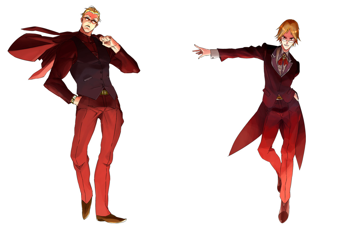 hei jin, oto tin, hanamura yousuke, tatsumi kanji, atlus, persona, persona 4, 2boys, blonde hair, brown hair, fabulous, formal clothes, glasses, manly, multiple boys