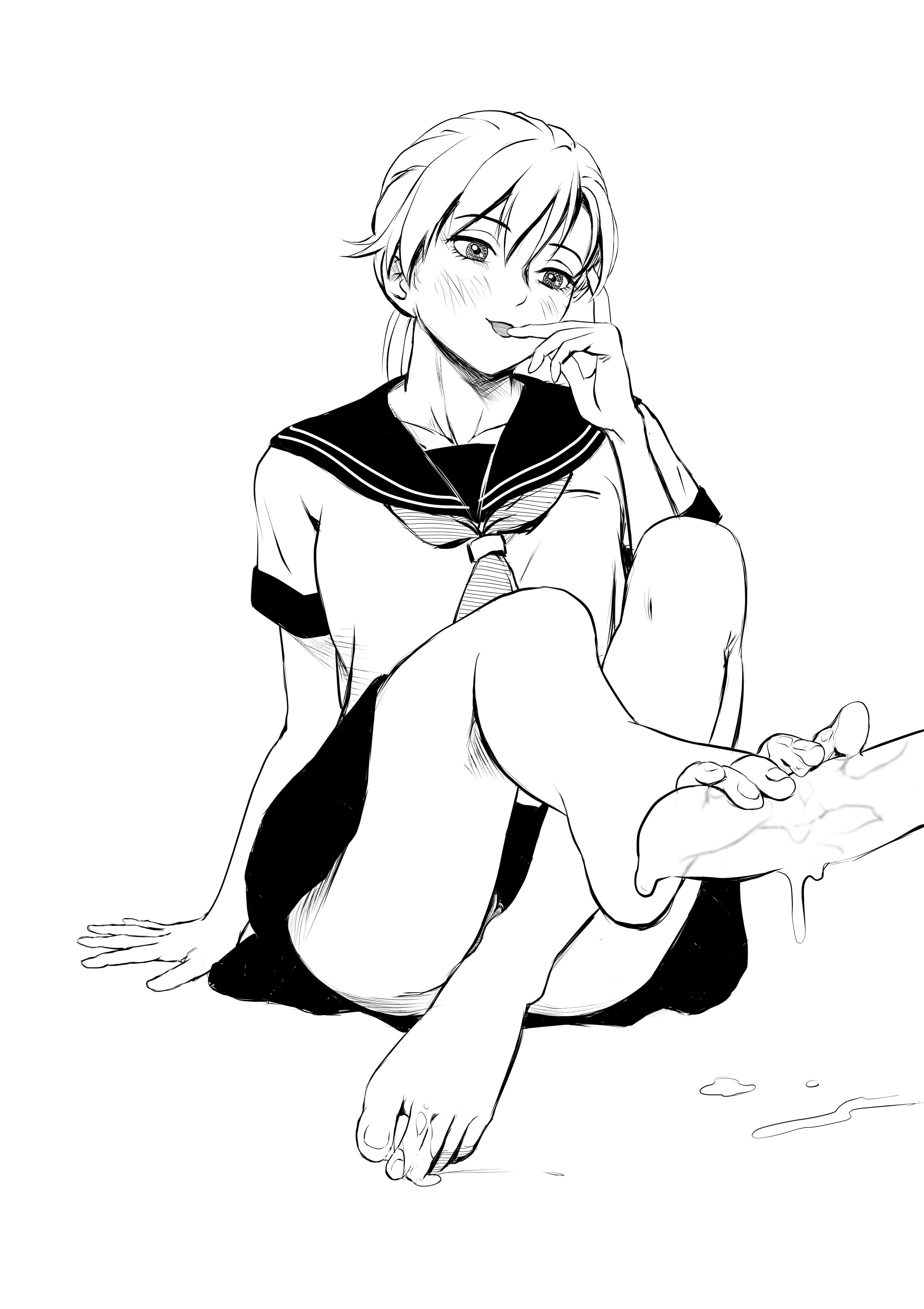 s (pixiv 28869488), absurdres, highres, 1girl, barefoot, blush, feet, long hair, monochrome, parted lips, school uniform, serafuku, sexually suggestive, soles, toes