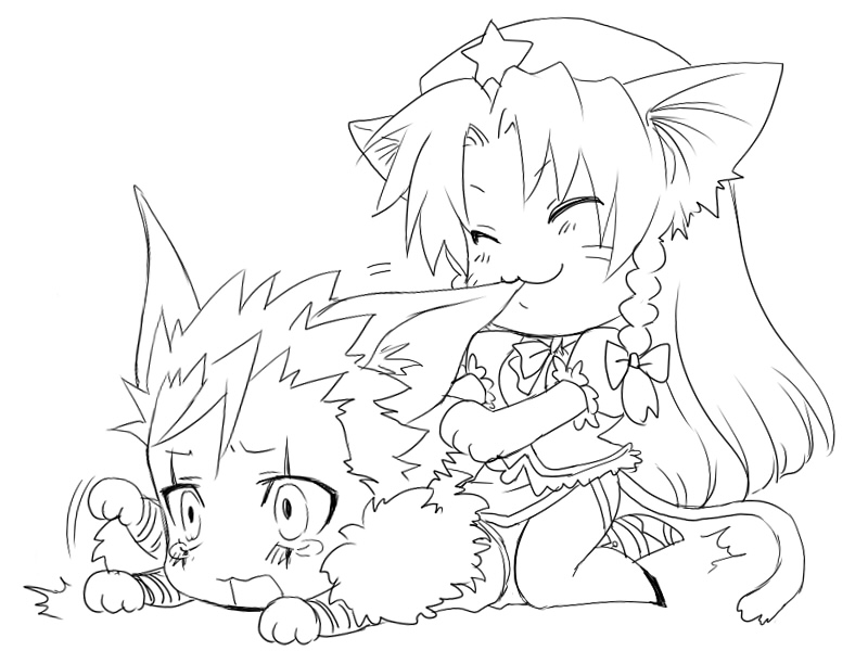 esaka, hong meiling, krizalid, m.u.g.e.n, snk, the king of fighters, touhou, biting ear, bad id, bad pixiv id, 1boy, 1girl, animal ears, biting, braid, cat ears, cat tail, chibi, crossover, dog ears, earrings, greyscale, hat, jewelry, long hair, monochrome, short hair, tail, tears, twin braids