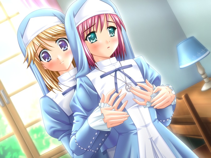 ohizumi daisaku, abe mariya maria, kikuchi sakurako, sister maria no momoiro seika, habit, game cg, 2girls, blonde hair, blue eyes, blush, breasts, dutch angle, grabbing another's breast, green eyes, groping, hug, multiple girls, nun, pink hair, window, yuri