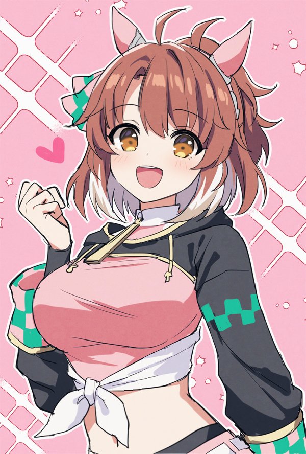 mauve, dantsu flame (umamusume), umamusume, 1girl, ahoge, animal ears, black leggings, black shrug, blush, bow, breasts, brown eyes, brown hair, checkered ribbon, dantsu flame (center spotlight) (umamusume), ear covers, ear ornament, ear ribbon, hair between eyes, heart, horse ears, horse girl, large breasts, leggings, leggings under shorts, looking at viewer, midriff, multicolored hair, navel, open mouth, pink shirt, pink shorts, shirt, shorts, shrug (clothing), smile, solo, teeth, tied shirt, upper body, upper teeth only, white hair