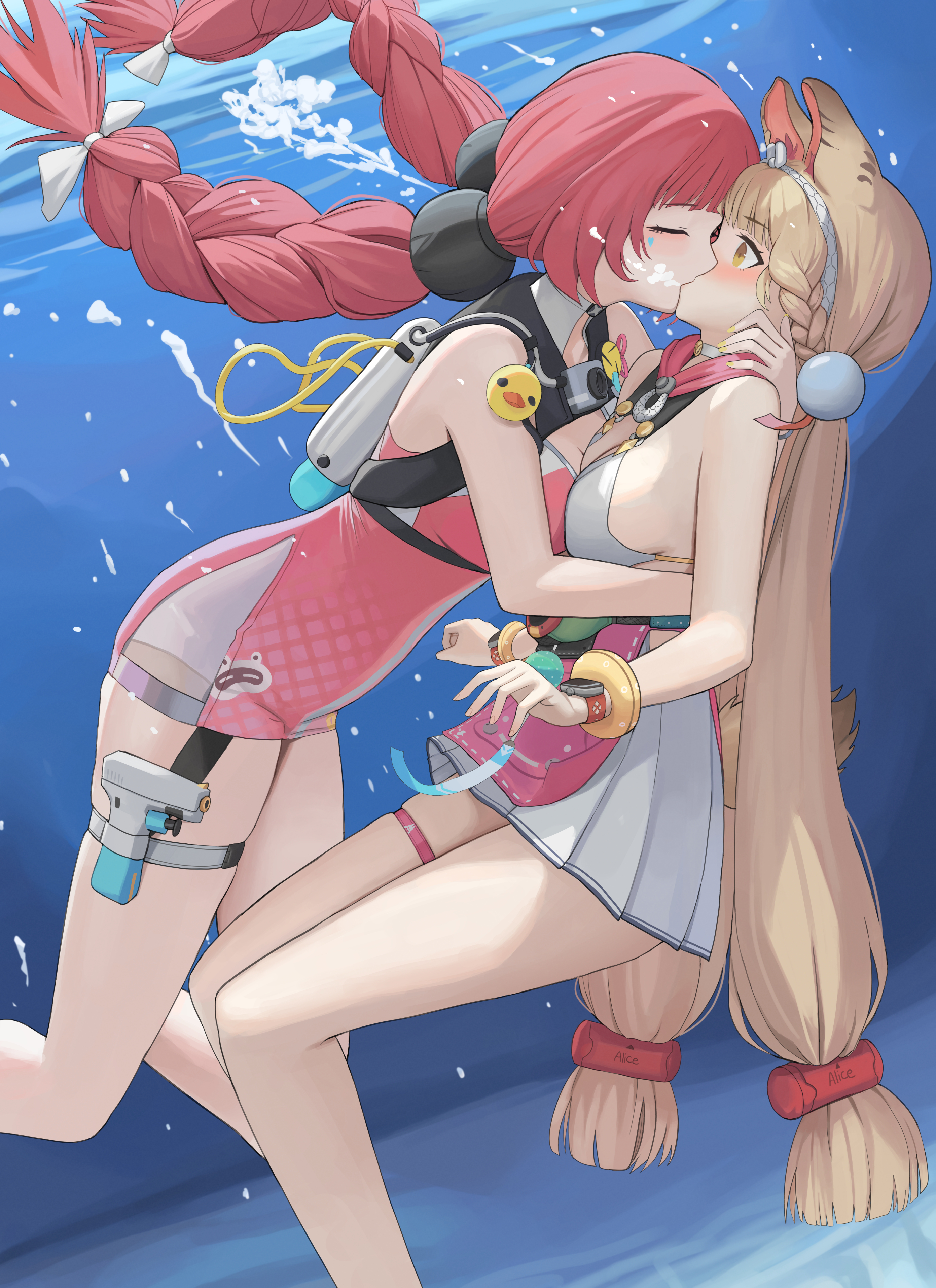 dolri, alice thymefield, alice thymefield (sea of thyme), ukinami yuzuha, ukinami yuzuha (tanuki in broad daylight), zenless zone zero, braided twintails, absurdres, commentary request, highres, 2girls, animal ears, blonde hair, blush, braid, breasts, closed mouth, dress swimsuit, facial mark, hairband, heart, heart facial mark, kiss, long hair, medium breasts, multiple girls, official alternate costume, one-piece swimsuit, pink one-piece swimsuit, rabbit ears, rabbit girl, rabbit tail, red hair, swimsuit, tail, thigh strap, twintails, two-tone one-piece swimsuit, underwater, water gun, white hairband, white one-piece swimsuit, yuri
