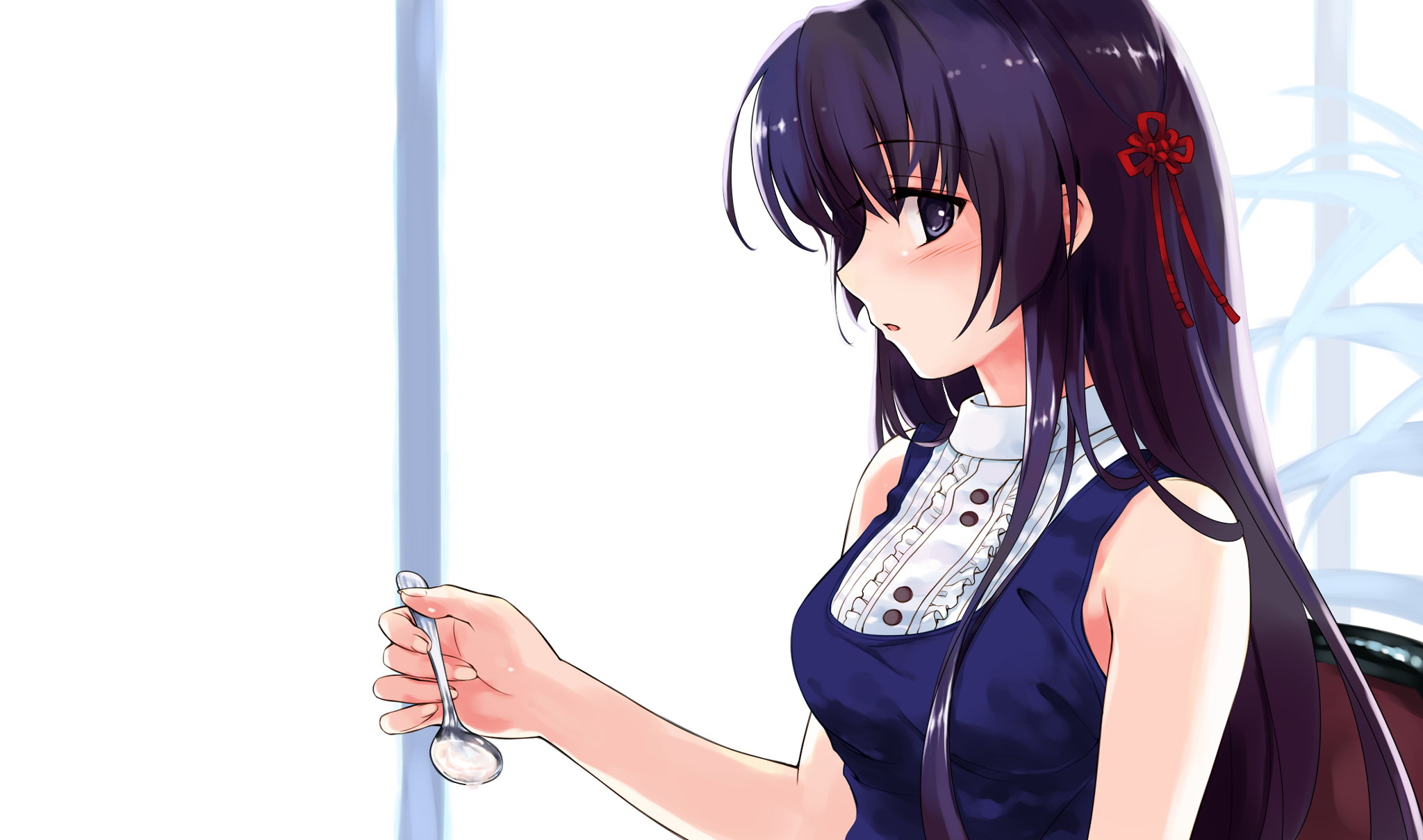 cradle (circle), misaki kurehito, koga sayoko, abhar, suiheisen made nan mile?, game cg, highres, 1girl, blue eyes, blue hair, blush, cum, dress, female focus, holding, holding spoon, matching hair/eyes, solo, spoon