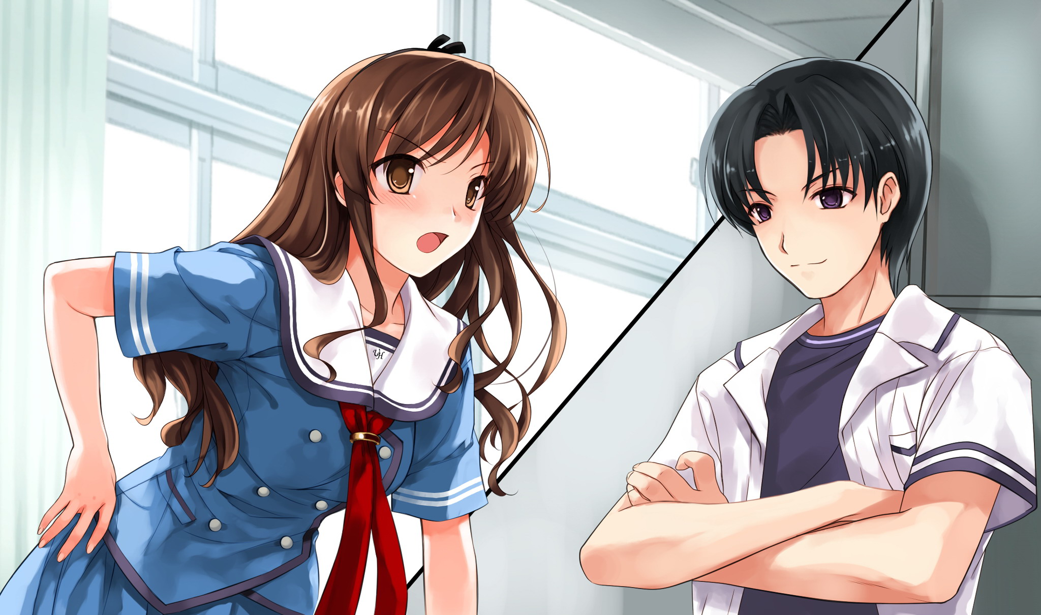 cradle (circle), misaki kurehito, nakano hinata, protagonist (suiheisen made nan mile?), abhar, suiheisen made nan mile?, game cg, highres, 1boy, 1girl, black hair, blush, brown eyes, brown hair, long hair, open mouth, purple eyes, school uniform