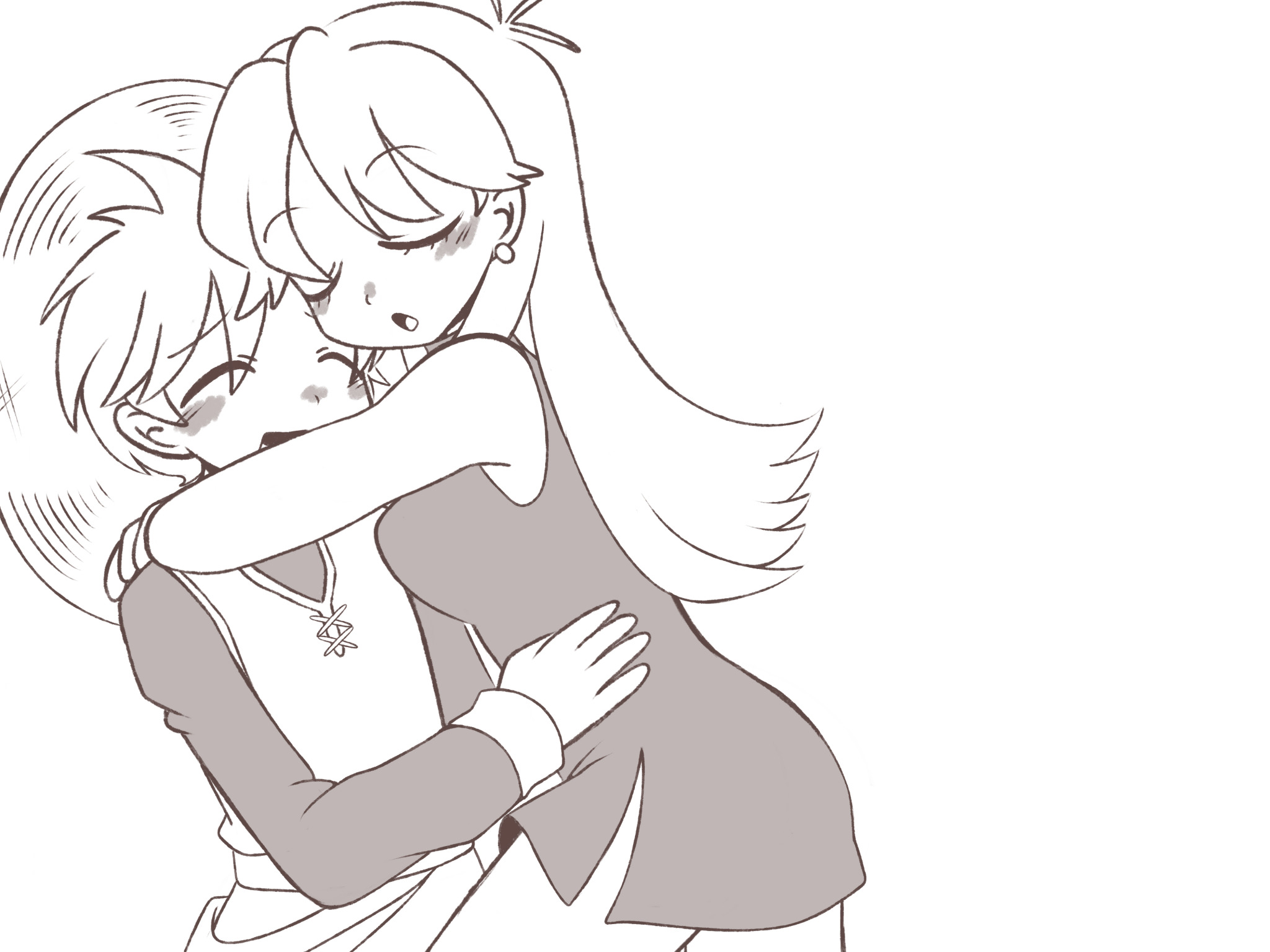 sofo soup, green (pokemon), yellow (pokemon), nintendo, pokemon, pokemon adventures, highres, 2girls, antenna hair, blush, breasts, closed eyes, dress, earrings, greyscale, hat, hug, jewelry, long hair, long sleeves, medium breasts, monochrome, multiple girls, open mouth, parted lips, short hair, simple background, sleeveless, sleeveless dress, smile, sun hat, yuri