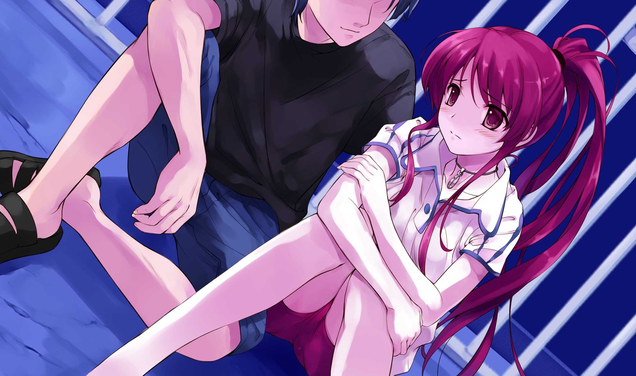 cradle (circle), misaki kurehito, miyamae tomoka, protagonist (suiheisen made nan mile?), abhar, suiheisen made nan mile?, game cg, highres, 1boy, 1girl, blush, gym uniform, jewelry, long hair, necklace, night, ponytail, red eyes, red hair, solo focus