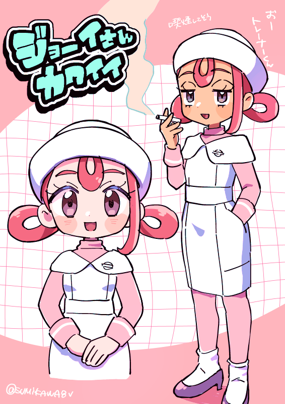 sumikawa (sumikawa8v), joy (pokemon), nintendo, pokemon, pokemon legends: z-a, commentary request, translation request, 1girl, :d, blush stickers, cigarette, dress, eyelashes, hair rings, hand in pocket, hand up, hat, high heels, holding, holding cigarette, jitome, looking at viewer, multiple views, open mouth, pantyhose, pink hair, pink pantyhose, pink shirt, shirt, smile, smoking, socks, white dress, white hat, white socks