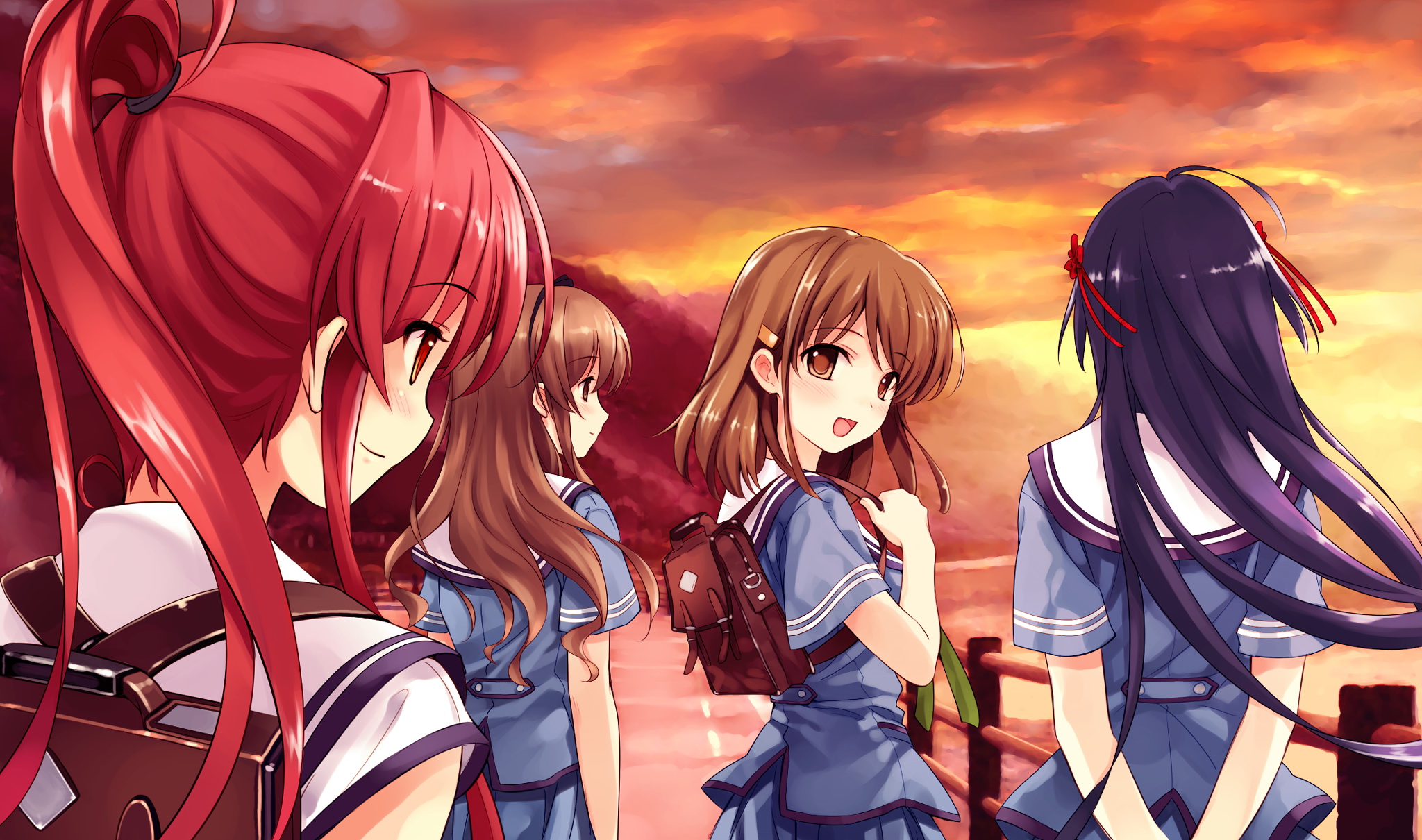 cradle (circle), misaki kurehito, koga sayoko, miyamae tomoka, nakano hinata, tsuyazaki kokage, abhar, suiheisen made nan mile?, highres, bag, blue hair, blush, briefcase, brown eyes, brown hair, cloud, long hair, ponytail, red eyes, red hair, school bag, school briefcase, school uniform, sunset