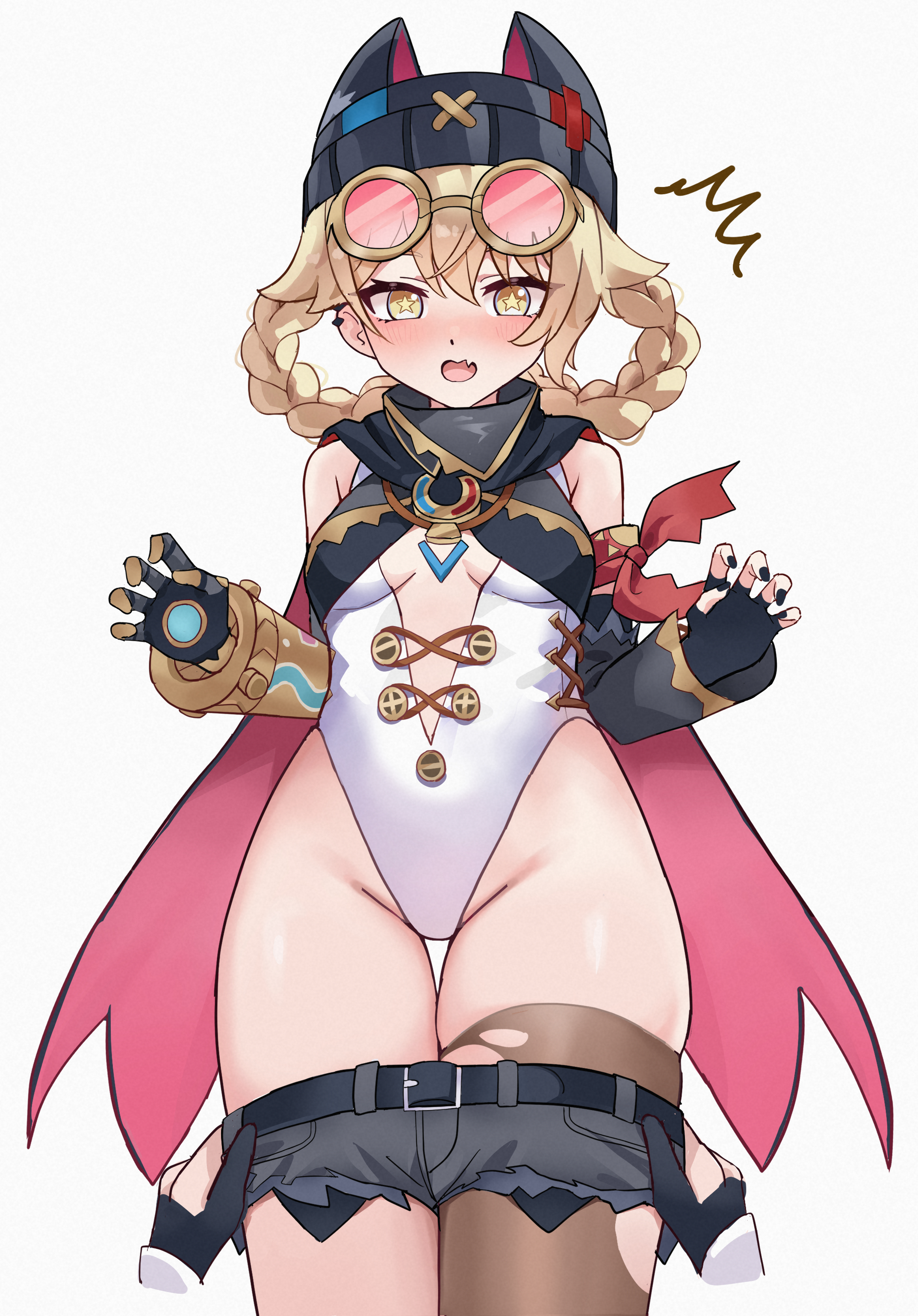 chideno, jahoda (genshin impact), genshin impact, absurdres, highres, 1girl, belt, black thighhighs, blonde hair, blush, breasts, clothes pull, fang, hat, leotard, micro shorts, open mouth, shorts, shorts pull, simple background, single thighhigh, skin fang, small breasts, solo, star-shaped pupils, star (symbol), symbol-shaped pupils, thigh gap, thighhighs, torn clothes, torn thighhighs, white background, yellow eyes