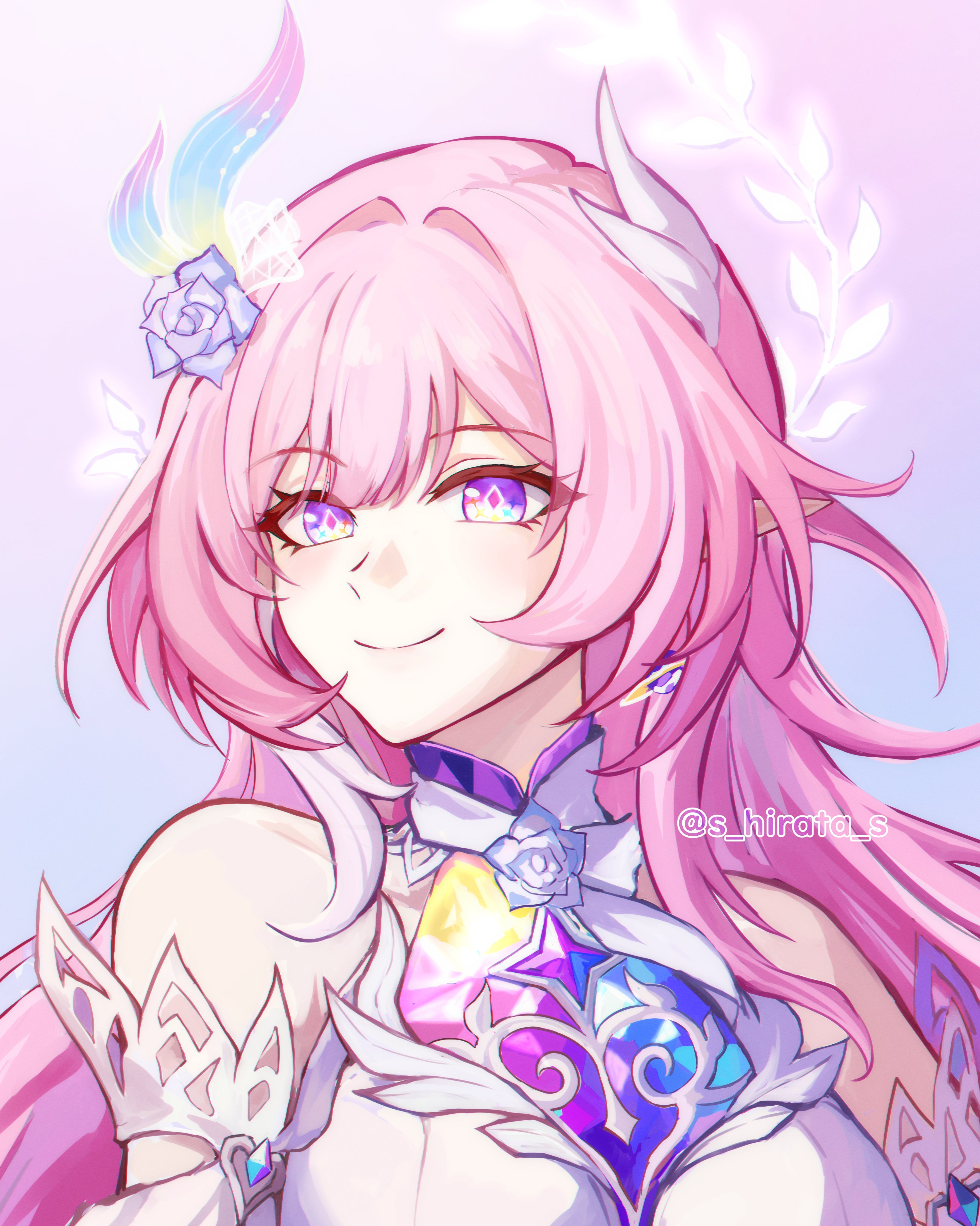 cyrene (honkai: star rail), cyrene (ripples of past reverie) (honkai: star rail), honkai: star rail, honkai (series), absurdres, commentary, highres, symbol-only commentary, 1girl, bare shoulders, breasts, diamond-shaped pupils, diamond (shape), earrings, flower, hair flower, hair ornament, jewelry, large breasts, long hair, looking at viewer, multicolored hair, pink hair, pointy ears, purple eyes, s hirata s, smile, solo, symbol-shaped pupils, two-tone hair, upper body, very long hair, white hair