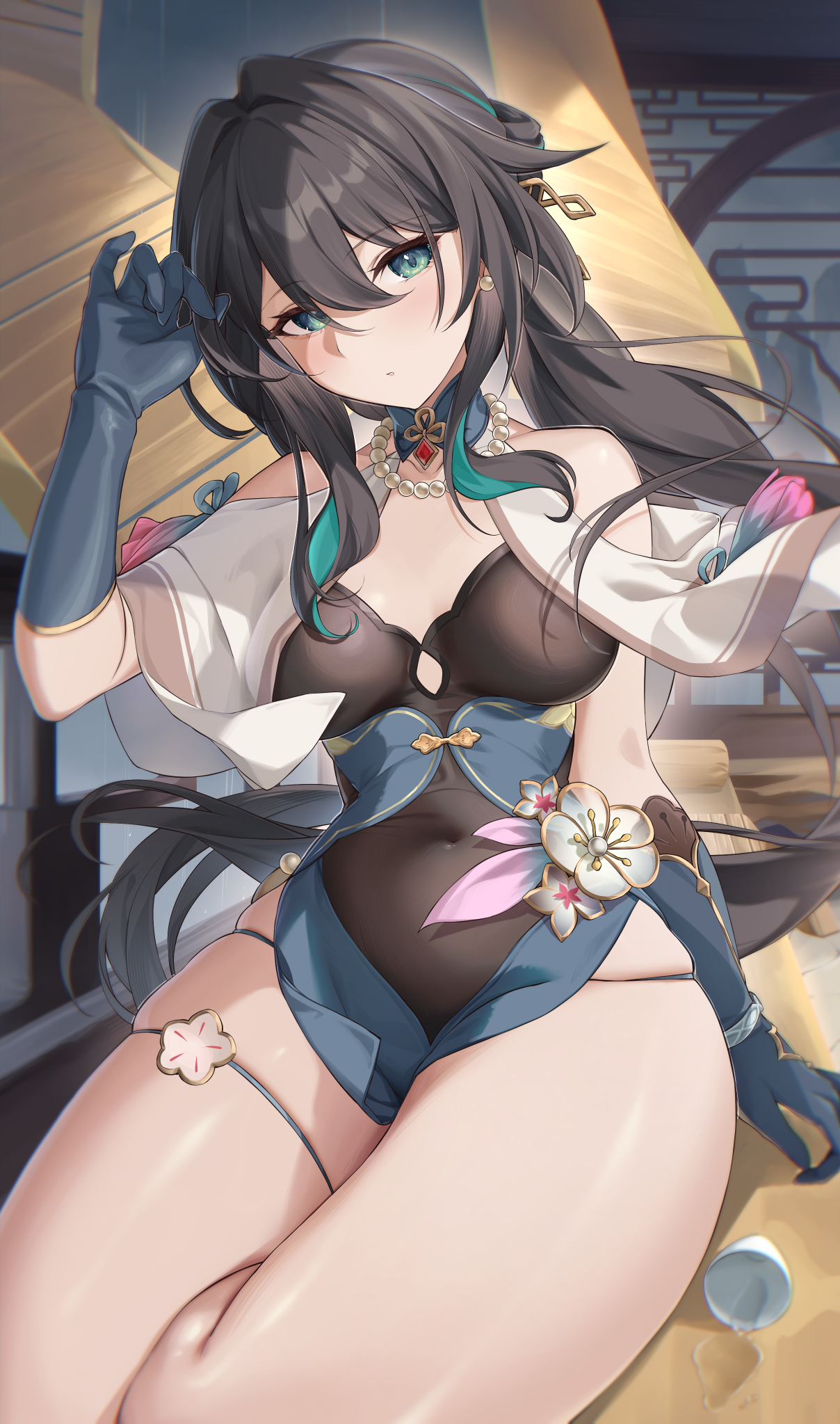 hino kagutsuki, ruan mei (honkai: star rail), honkai: star rail, honkai (series), commentary, highres, 1girl, aqua collar, aqua dress, aqua gloves, bead necklace, beads, blue gloves, breasts, chinese clothes, clothing cutout, collar, covered navel, curvy, dress, gloves, green gloves, jewelry, navel, necklace, pearl necklace, shoulder cutout, solo