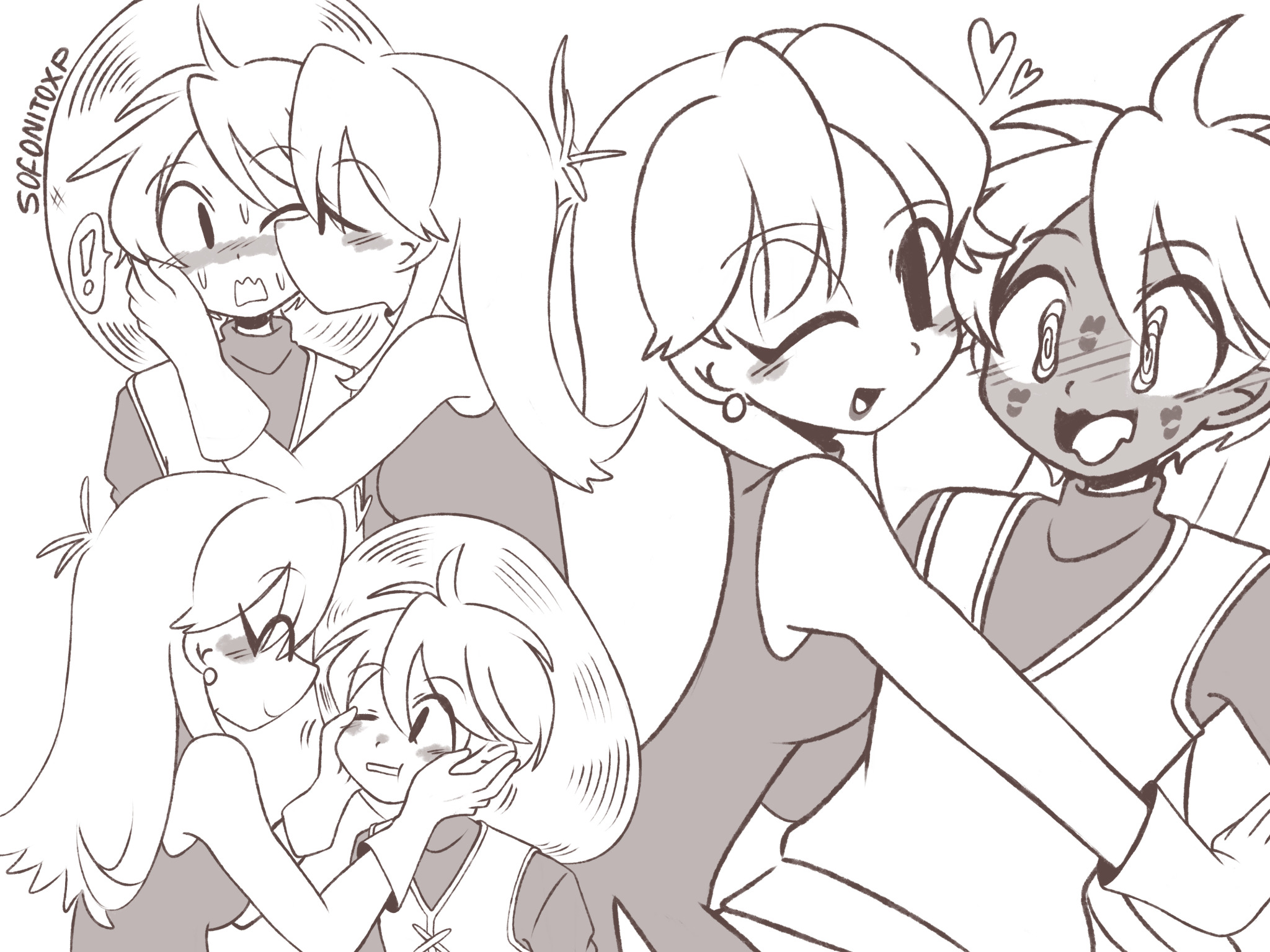 sofo soup, green (pokemon), yellow (pokemon), nintendo, pokemon, pokemon adventures, highres, !, 2girls, blush, closed eyes, closed mouth, dress, earrings, full-face blush, gloves, greyscale, hat, heart, jewelry, kiss, kissing cheek, lipstick mark, lipstick mark on face, long hair, long sleeves, looking at another, looking at viewer, monochrome, multiple girls, one eye closed, open mouth, parted lips, ponytail, simple background, sleeveless, sleeveless dress, speech bubble, spoken exclamation mark, sun hat, sweat, yuri