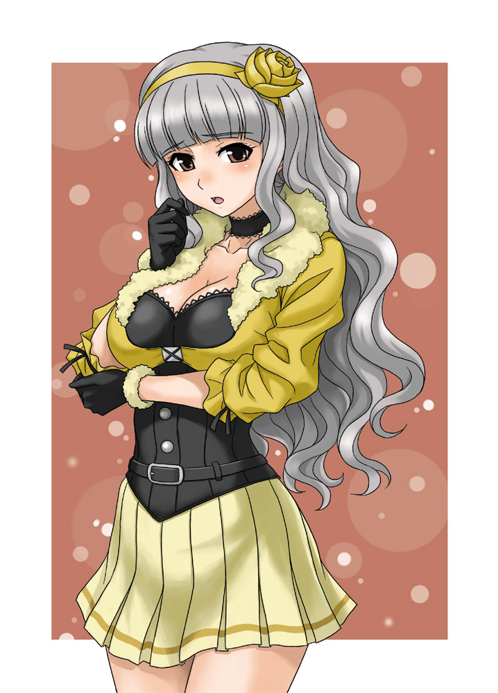 hida tatsuo, 961 production, shijou takane, idolmaster, idolmaster (classic), breast hold, 00s, 1girl, breasts, choker, cleavage, female focus, gloves, grey hair, large breasts, long hair, miniskirt, pleated skirt, simple background, skirt, solo