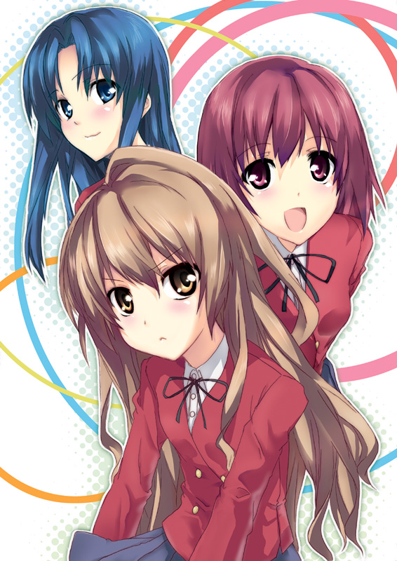 aisaka taiga, kawashima ami, kushieda minori, toradora!, 00s, blue eyes, blue hair, brown eyes, brown hair, long hair, red eyes, red hair, school uniform, short hair