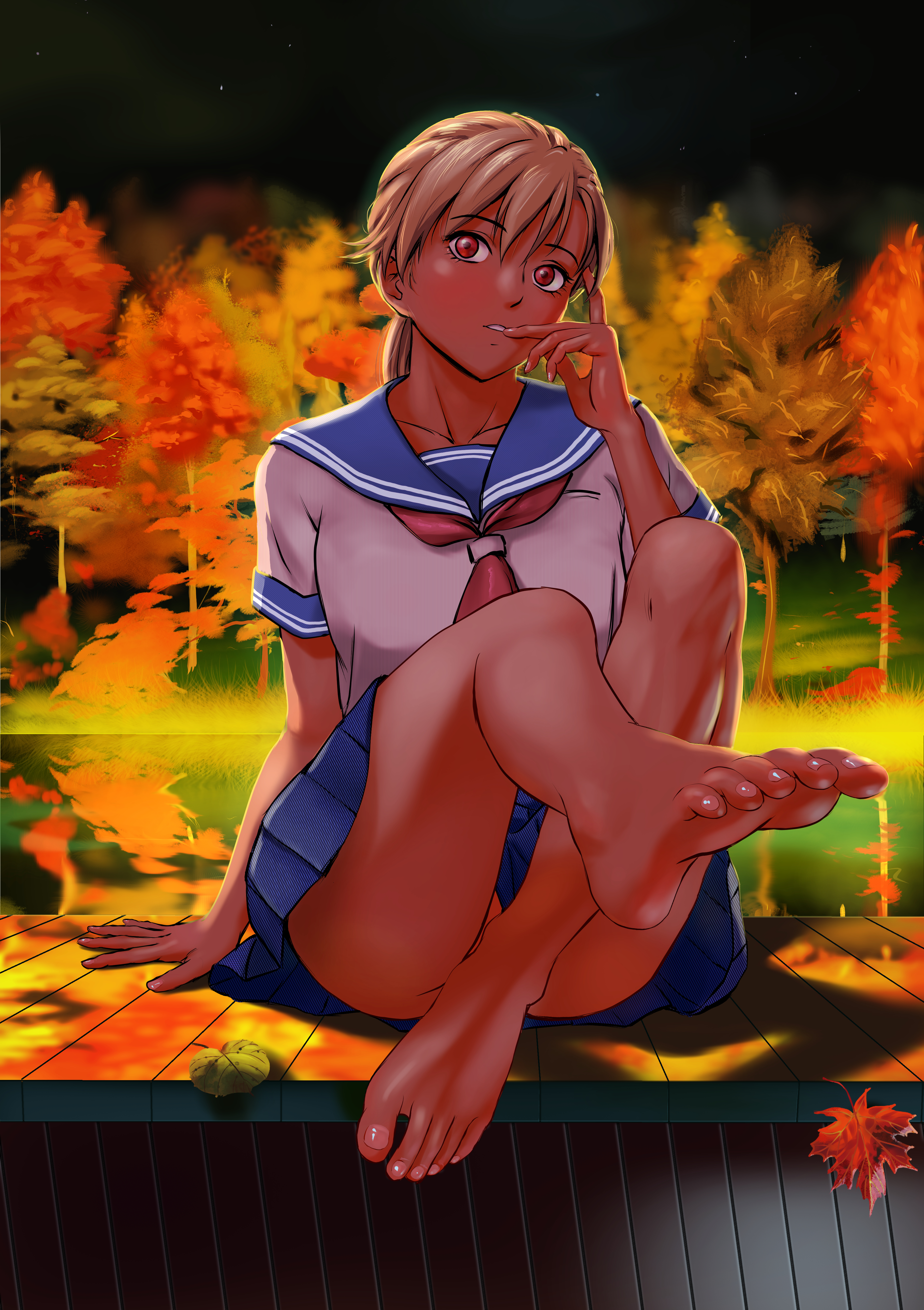 s (pixiv 28869488), absurdres, highres, 1girl, barefoot, blonde hair, dark-skinned female, dark skin, feet, leaf, long hair, looking at viewer, maple leaf, parted lips, red eyes, school uniform, serafuku, soles, toes