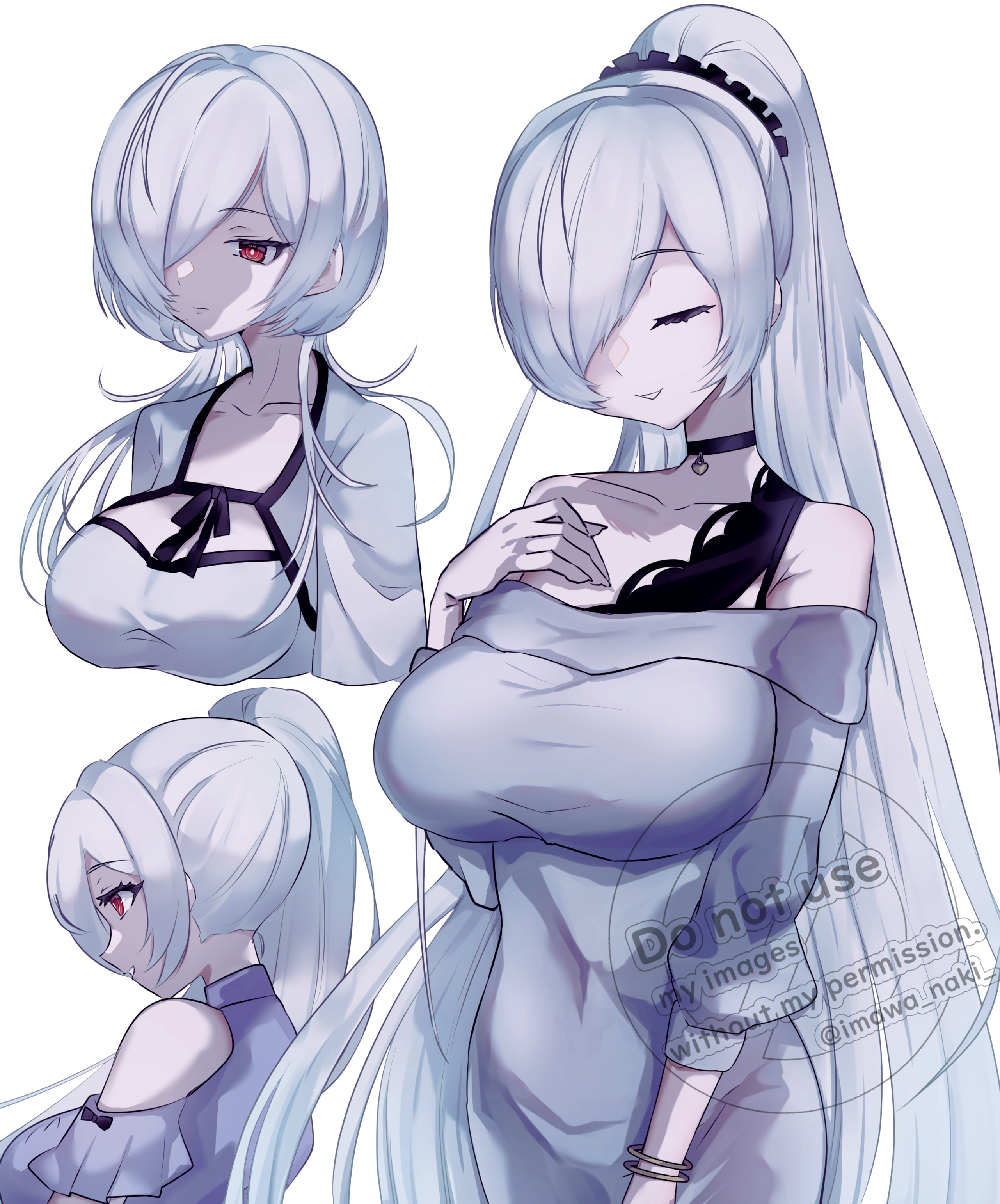 cinderella (nikke), goddess of victory: nikke, absurdres, commentary request, highres, 1girl, alternate hairstyle, black choker, breasts, choker, closed eyes, grey hair, imawa naki, large breasts, ponytail, red eyes, simple background, smile, solo, watermark, white background