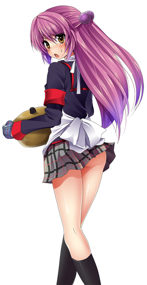 masayu, futaki kanata, little busters!, highres, 1girl, blush, female focus, hair ornament, half updo, no panties, purple hair, simple background, solo