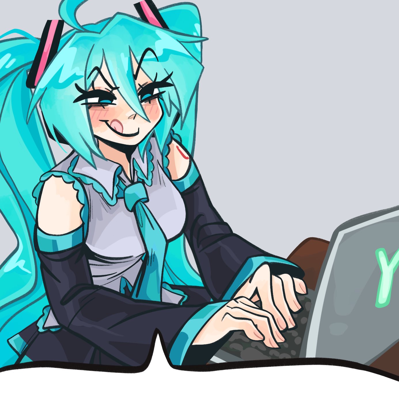 kecchi0, hatsune miku, vocaloid, highres, 1girl, black skirt, black sleeves, blue eyes, blue hair, blue necktie, collared shirt, computer, detached sleeves, grey background, grey shirt, laptop, licking lips, long sleeves, necktie, pleated skirt, shirt, simple background, skirt, solo, speech bubble, tongue, tongue out, twintails