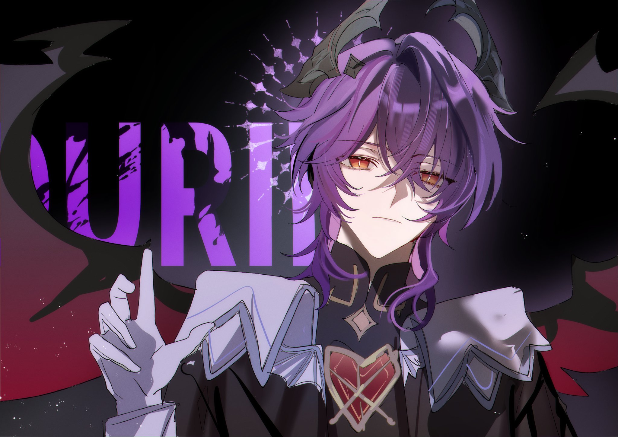 kem (4702ic), mini durin (genshin impact), mini durin (human) (genshin impact), genshin impact, hashtag-only commentary, highres, 1boy, character name, closed mouth, curly hair, dragon boy, dragon horns, dragon wings, english text, expressionless, formal clothes, gloves, hair between eyes, hand up, horns, long hair, long sleeves, looking at viewer, multicolored eyes, pink hair, red eyes, shade, slit pupils, solo, suit, upper body, white gloves, wings