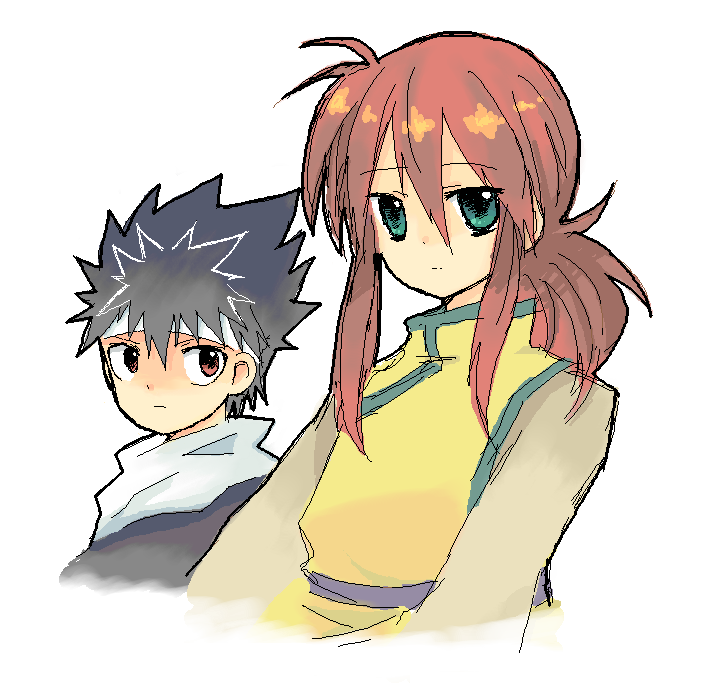 nomo, hiei, kurama (yu yu hakusho), yuu yuu hakusho, 2boys, black hair, green eyes, long hair, male focus, multiple boys, red eyes, red hair, short hair, spiked hair, upper body, white background
