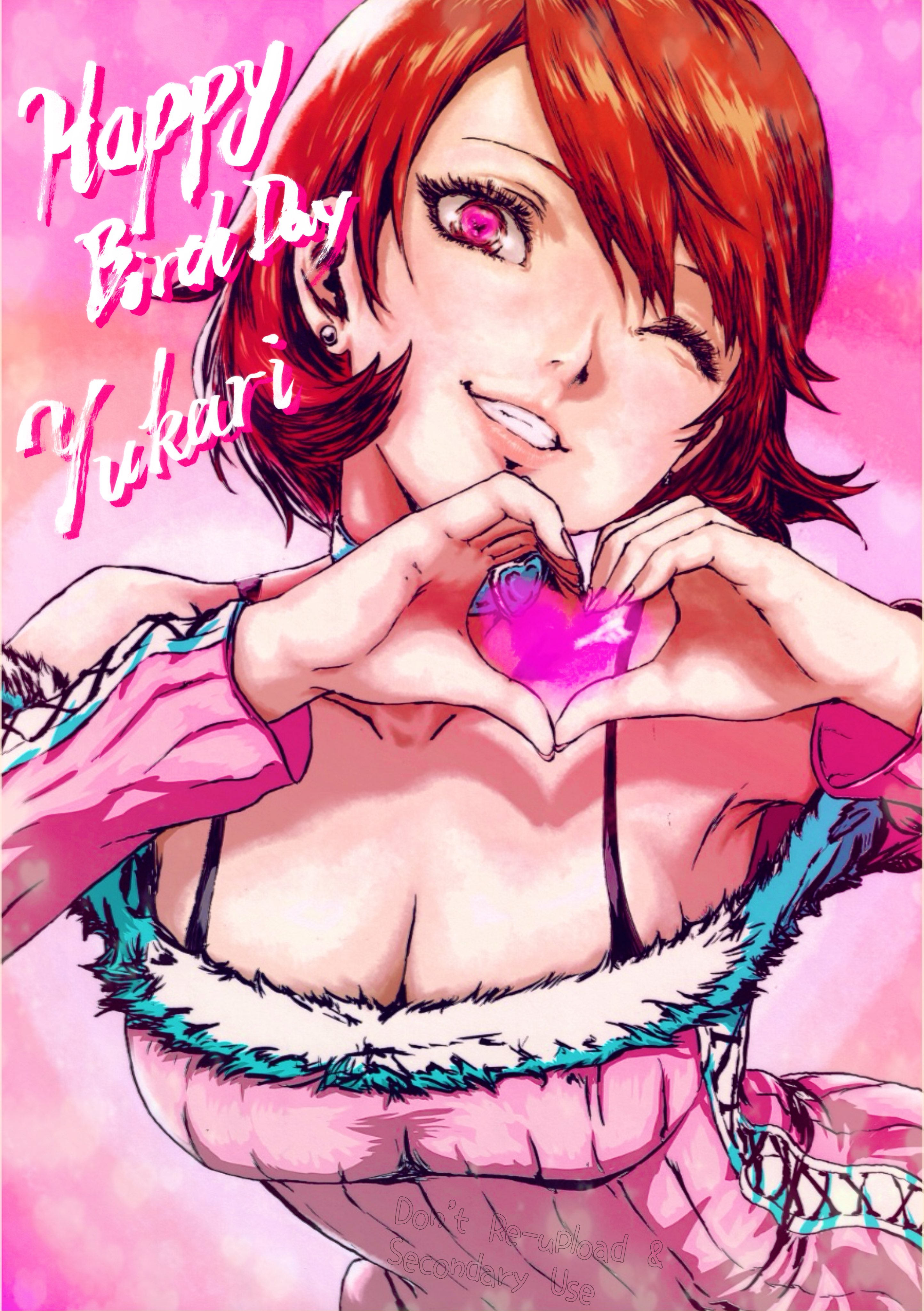 oeilvert fft, takeba yukari, persona, persona 3, absurdres, commentary request, highres, 1girl, bra strap, breasts, brown hair, character name, choker, cleavage, dress, flipped hair, fur-trimmed dress, fur trim, grin, happy birthday, heart, heart choker, heart hands, long sleeves, looking at viewer, medium breasts, off-shoulder dress, off shoulder, one eye closed, pink background, pink dress, pink eyes, short hair, smile, solo, upper body, white choker