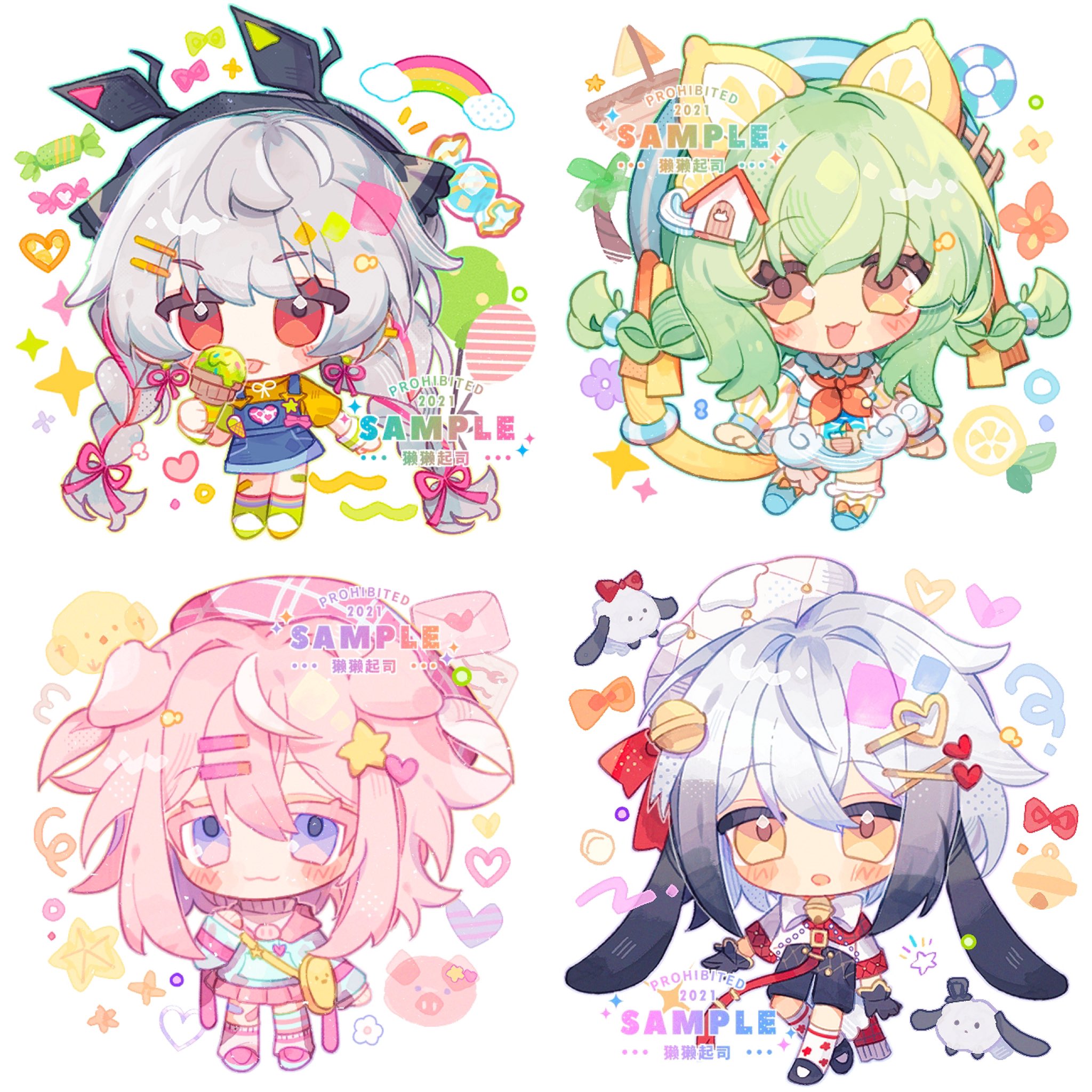mirta, original, commentary, commission, highres, symbol-only commentary, 4girls, :3, :d, :o, bandaid, bandaid on leg, black gloves, black hair, black hairband, black shoes, black shorts, blue skirt, blush stickers, brown eyes, chibi, chibi only, closed mouth, dress, food, full body, gloves, gradient hair, green hair, grey hair, hair ornament, hairband, holding, holding food, holding ice cream, ice cream, long hair, long sleeves, looking at viewer, multicolored hair, multiple girls, neckerchief, open mouth, orange neckerchief, pink hair, purple eyes, rainbow, red eyes, shirt, shoes, short hair, shorts, simple background, skirt, smile, standing, star (symbol), star hair ornament, tongue, tongue out, two-tone hair, white background, white hair, white shirt, yellow dress, yellow eyes, yellow shirt