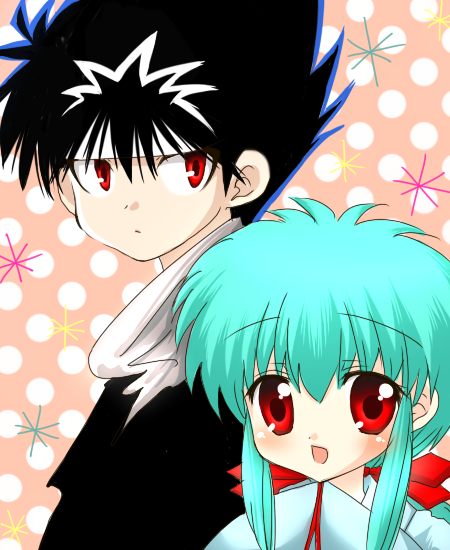 ayaha popuri, hinata hi yuki, hiei, yukina (yu yu hakusho), yuu yuu hakusho, 1boy, 1girl, aqua hair, black hair, brother and sister, green hair, japanese clothes, kimono, long hair, open mouth, red eyes, short hair, siblings, spiked hair