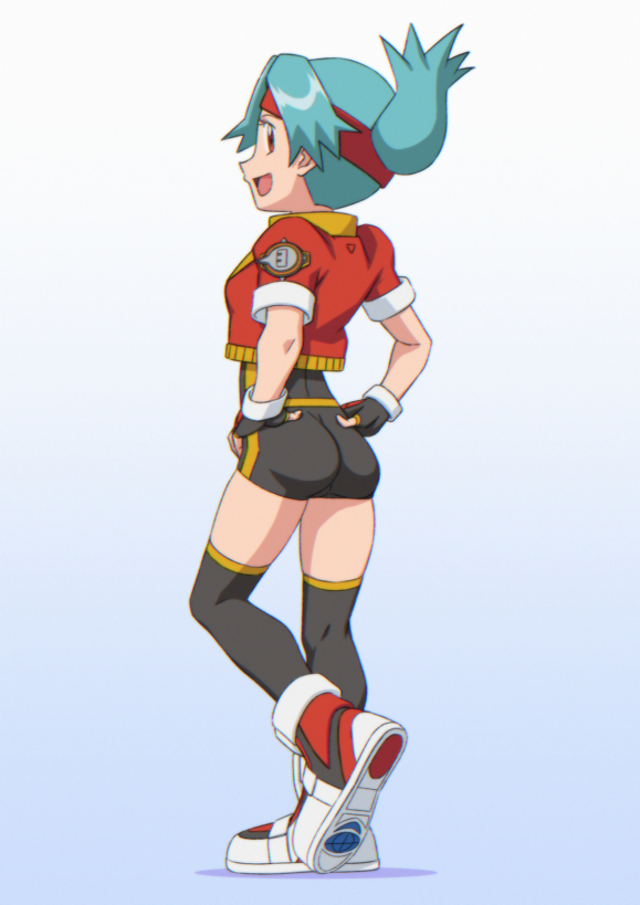 miraa (chikurin), solana (pokemon), nintendo, pokemon, pokemon ranger (series), pokemon ranger 1, commentary request, 1girl, :d, aqua hair, ass, black bodysuit, black gloves, black thighhighs, bodysuit, brown eyes, cropped jacket, fingerless gloves, full body, gloves, gradient background, hands on own hips, happy, headband, jacket, open mouth, red headband, red jacket, shoes, short sleeves, smile, solo, standing, thighhighs, tongue, white shoes