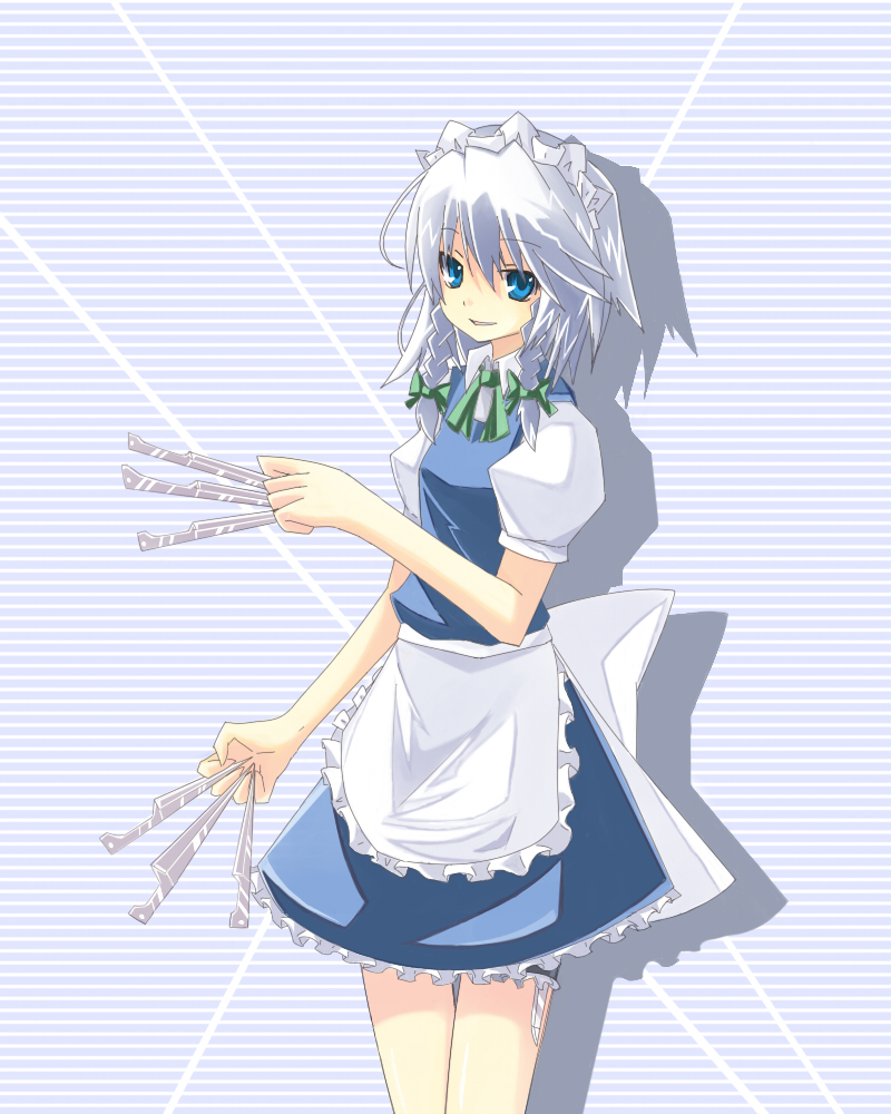 kitsune (artist), kitsune (scaz), izayoi sakuya, touhou, silver hair, 1girl, apron, blue eyes, braid, female focus, hairband, knife, maid, maid apron, short hair, solo, throwing knife, twin braids, weapon