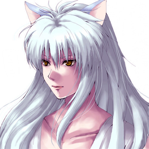 merami, youko kurama, yuu yuu hakusho, lowres, 1boy, animal ears, fox, fox ears, long hair, male focus, simple background, solo, upper body, white background, white hair, yellow eyes