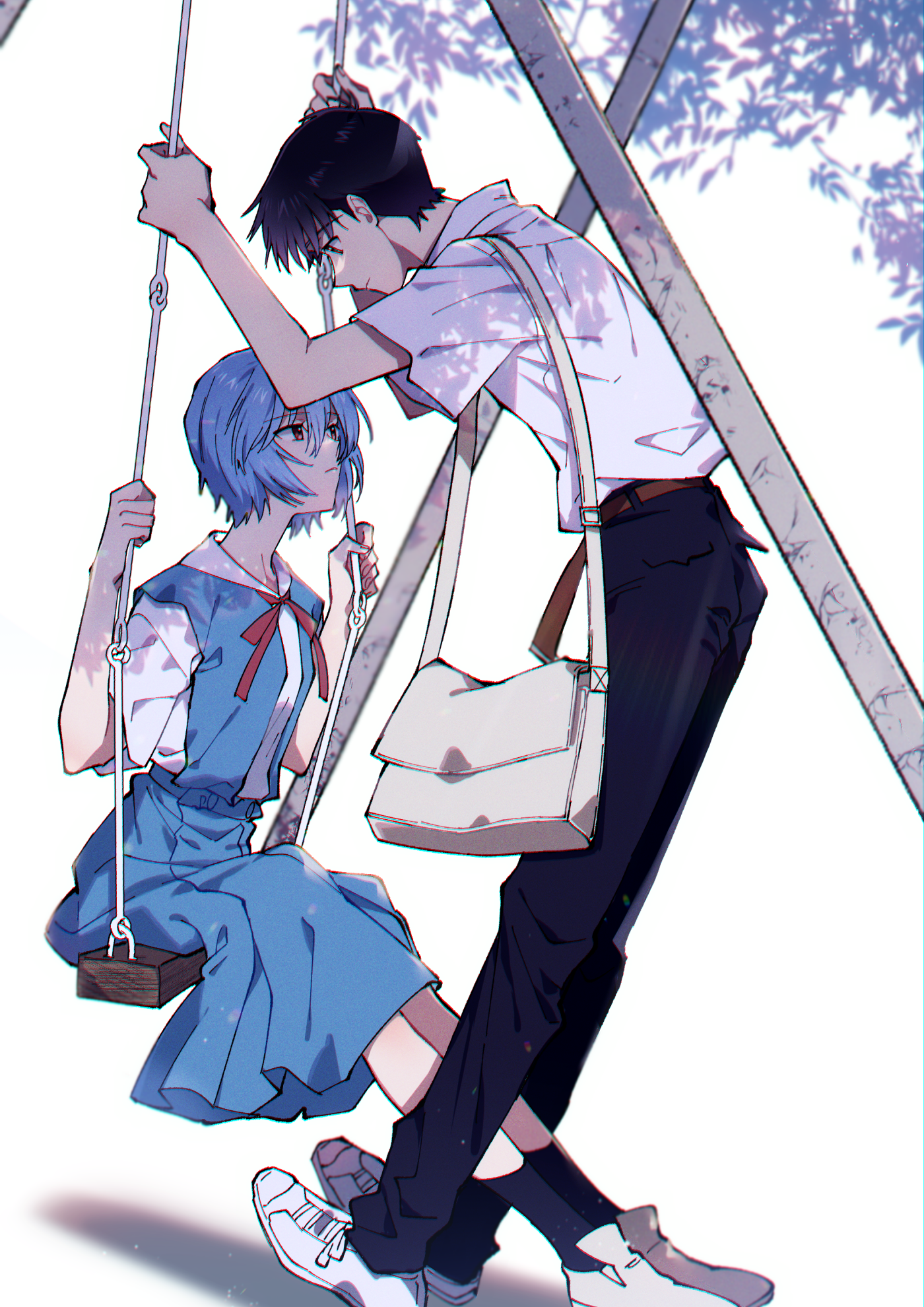 yoshio 296, ayanami rei, ikari shinji, neon genesis evangelion, highres, 1boy, 1girl, bag, belt, black hair, black pants, blue hair, blue skirt, breasts, closed mouth, collared shirt, expressionless, hair between eyes, leaning back, looking at another, on swing, outdoors, pants, playground, red eyes, red ribbon, ribbon, school uniform, shirt, short hair, shoulder bag, simple background, skirt, swing, swing set, white background, white shirt