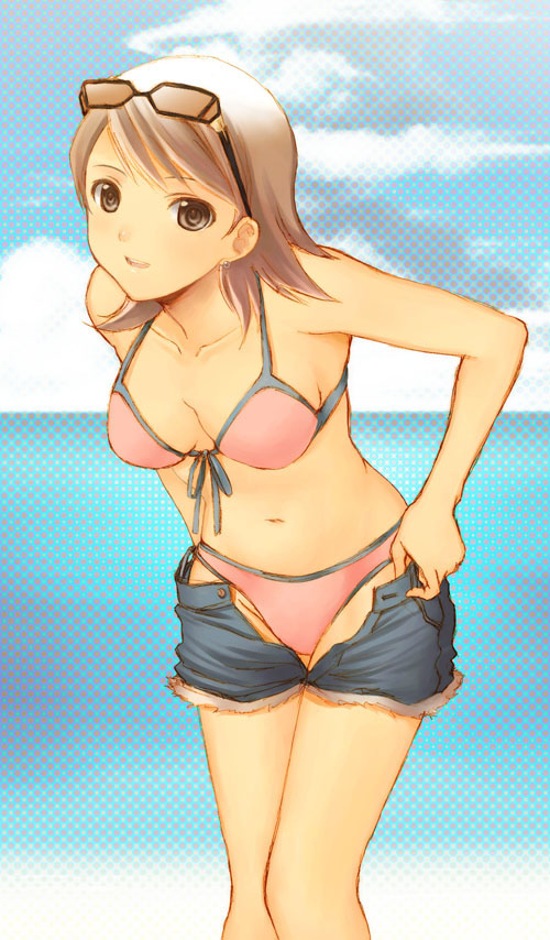 seiru (prairie), takeba yukari, atlus, persona, persona 3, 1girl, bikini, brown eyes, brown hair, clothes pull, day, denim, denim shorts, eyewear on head, female focus, front-tie top, official alternate costume, pink bikini, pulling own clothes, short hair, short shorts, shorts, shorts pull, smile, solo, standing, sunglasses, swimsuit, undressing, unzipped