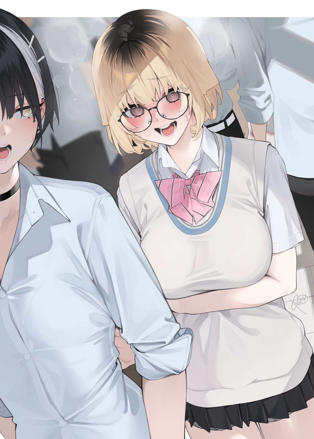 rerrere, original, highres, 2girls, @ @, aki (rerrere), arm under breasts, black hair, blonde hair, blush, bow, bowtie, breasts, collared shirt, glasses, haru (rerrere), large breasts, multicolored hair, multiple girls, open mouth, pleated skirt, roots (hair), school uniform, shirt, short hair, skirt, standing, streaked hair, striped bow, striped bowtie, striped clothes, sweater vest