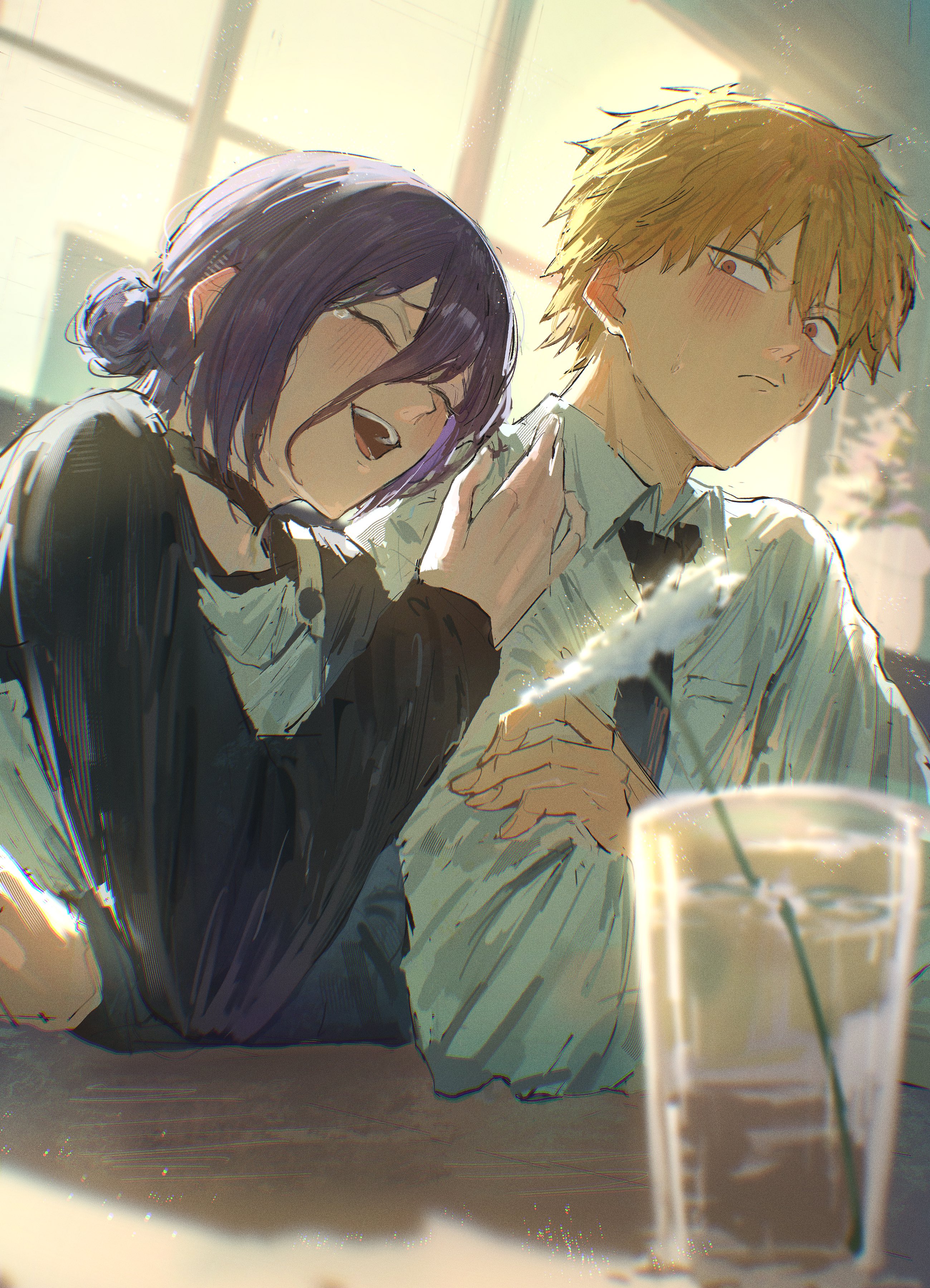 kouchanthree, denji (chainsaw man), reze (chainsaw man), chainsaw man, absurdres, highres, 1boy, 1girl, backlighting, bell, black necktie, black shirt, blonde hair, blurry, blurry foreground, blush, closed eyes, closed mouth, collared shirt, crossed arms, cup, day, drinking glass, drinking straw, hair between eyes, hair bun, hand up, indoors, jar, jumpsuit, laughing, long hair between eyes, looking at another, neck bell, necktie, open mouth, plant, purple hair, red eyes, shadow, shirt, short hair, sitting, sky, smile, table, tearing up, teeth, v-shaped eyebrows, white jumpsuit, white shirt, window, yellow sky
