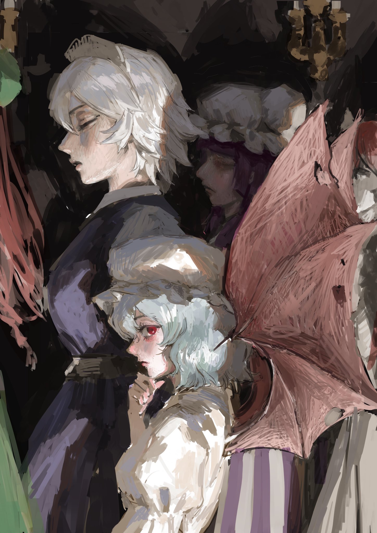 hatena (nazequestion), hong meiling, izayoi sakuya, koakuma, patchouli knowledge, remilia scarlet, touhou, highres, 5girls, bat wings, blue hair, dress, hat, long hair, maid, mob cap, multiple girls, pink dress, purple hair, red hair, vampire, walking, white hair, wings