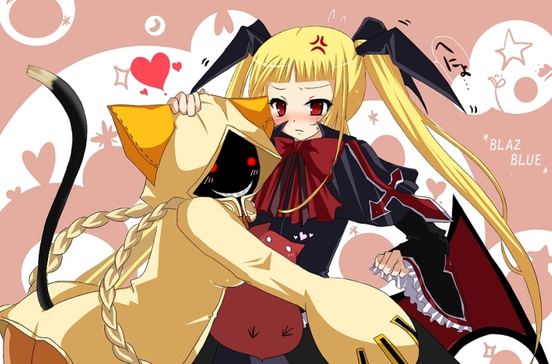 shii (niku-9), shii (pixiv), gii, rachel alucard, taokaka, arc system works, blazblue, bad id, bad pixiv id, 2girls, animal ears, blonde hair, blush, bow, cat ears, gothic lolita, heart, hug, lolita fashion, multiple girls, red bow, ribbon