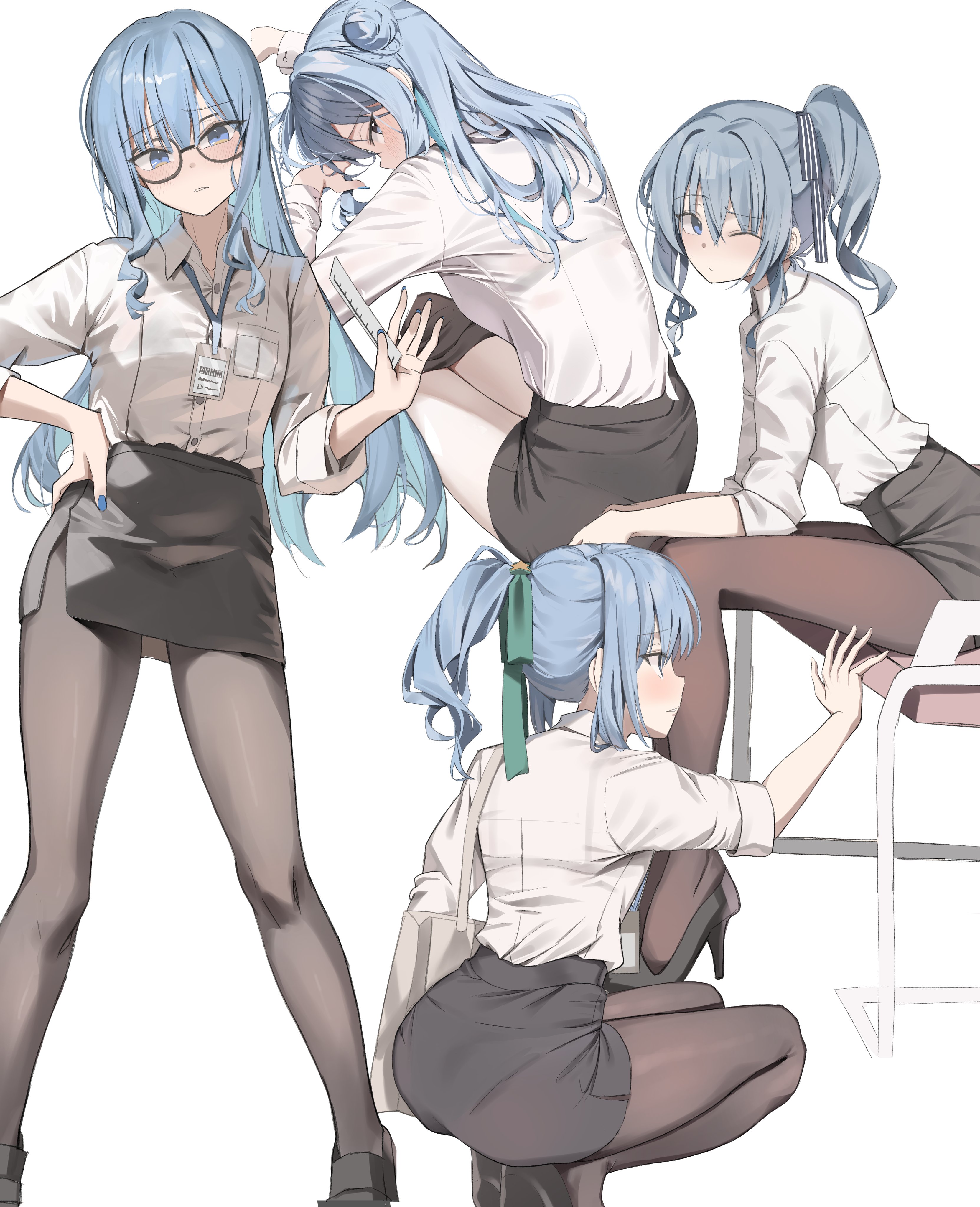scarlet (wv0102), hoshimachi suisei, hololive, absurdres, highres, 1girl, alternate costume, alternate hairstyle, bag, black pantyhose, blue eyes, blue hair, blue nails, collared shirt, glasses, hair bun, hair ribbon, hand on own hip, id card, long hair, looking at viewer, multiple views, office lady, one eye closed, pantyhose, pantylines, pencil skirt, ponytail, removing legwear, ribbon, ruler, shirt, shirt tucked in, shoulder bag, simple background, single side bun, sitting, skirt, squatting, white background, white shirt