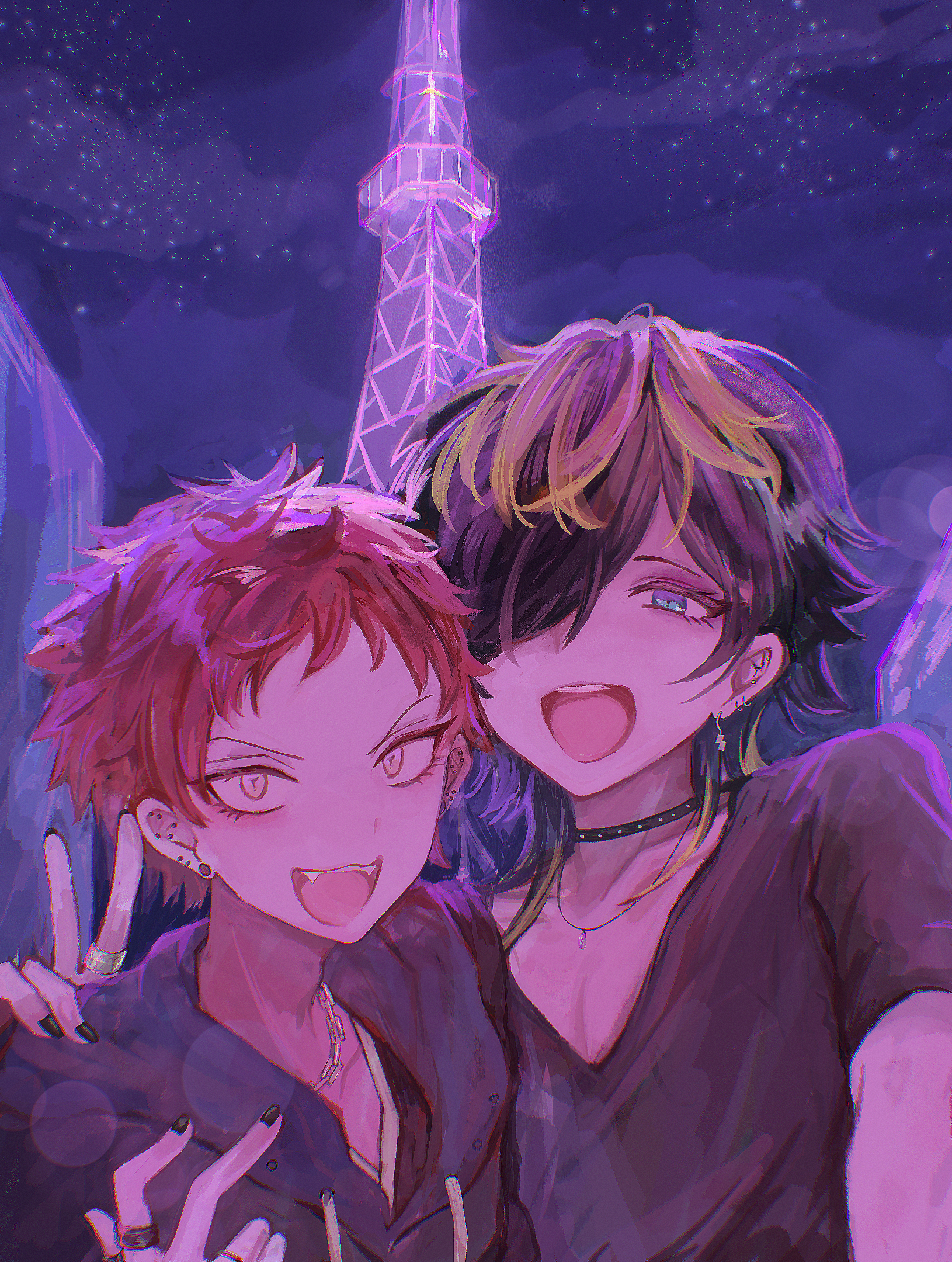 hopexblack, aimono jyushi, harai kuko, hypnosis mic, highres, :d, androgynous, bent v, bishounen, black choker, black hair, black hoodie, black nails, black shirt, blonde streaks, blue eyes, choker, choppy bangs, downturned eyes, ear piercing, eiffel tower, fangs, grin, hair over one eye, hood, hoodie, inward v, jewelry, multicolored hair, night, night sky, open mouth, pectoral cleavage, pectorals, piercing, red hair, ring, selfie, shirt, sky, smile, two-tone hair, upper body, v, yellow eyes