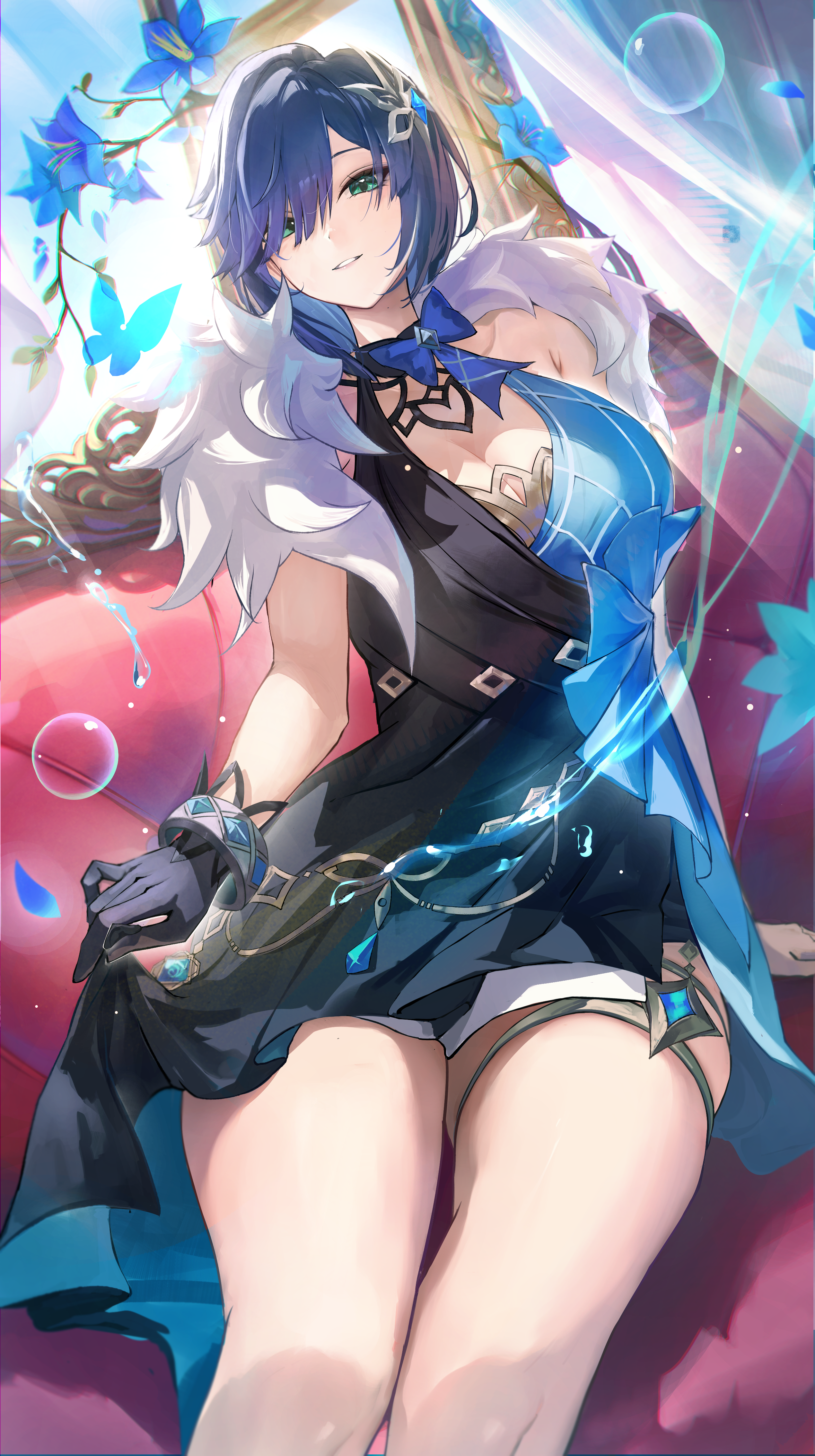 otabaaa, yelan (genshin impact), yelan (tranquil banquet) (genshin impact), genshin impact, absurdres, commentary request, highres, 1girl, bangle, black dress, black gloves, blue dress, blue flower, blue hair, bracelet, breasts, cleavage, curtains, dress, dutch angle, feather boa, flower, gloves, green eyes, hair ornament, hair over one eye, halter dress, halterneck, jewelry, looking at viewer, official alternate costume, official alternate hairstyle, parted bangs, parted lips, short dress, short hair, silver bangle, single glove, sitting, sleeveless, sleeveless dress, smile, soap bubbles, solo, thighs, vision (genshin impact)
