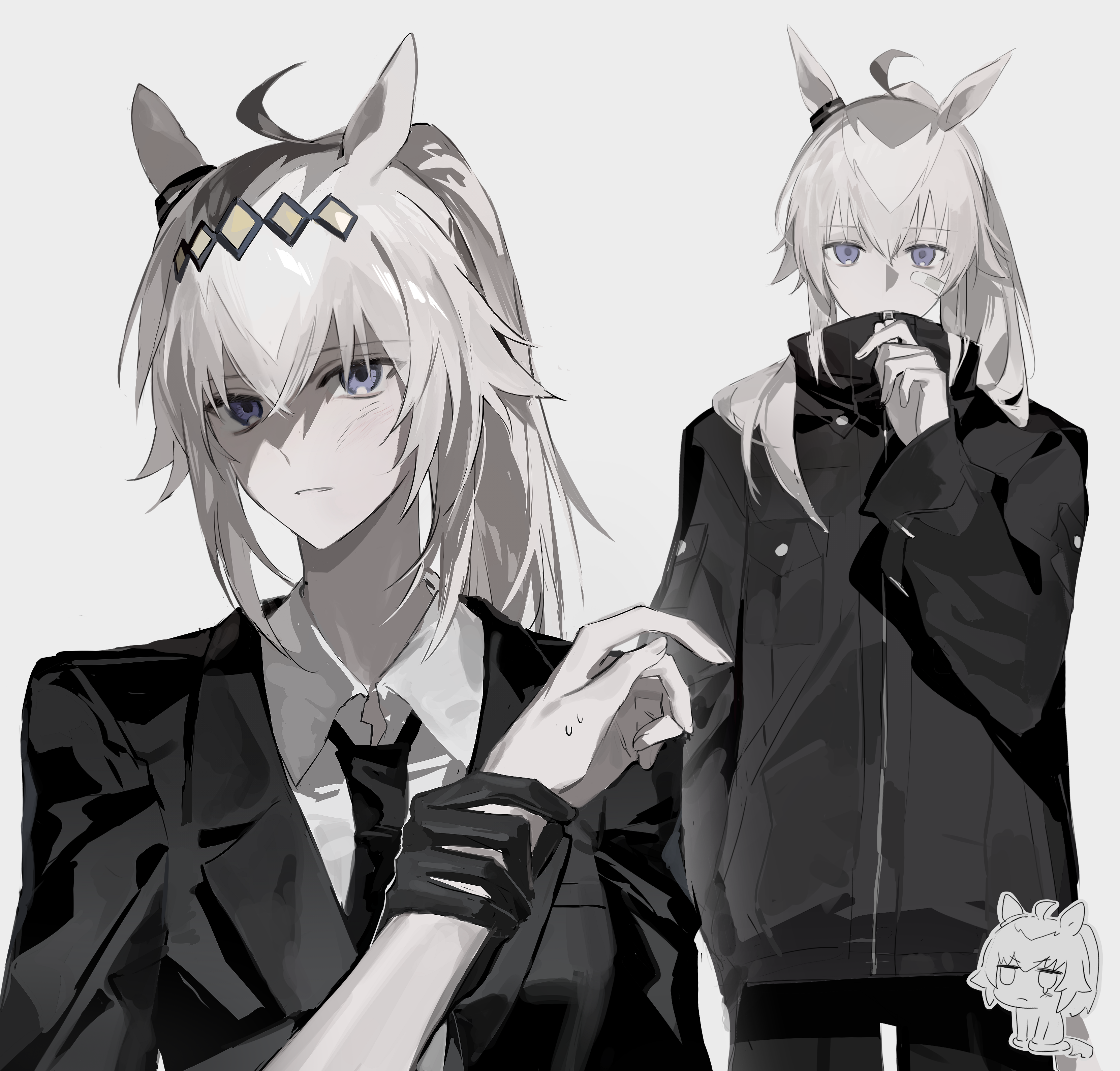 qing yan xia, oguri cap (umamusume), umamusume, absurdres, highres, 1girl, 1other, ahoge, ambiguous gender, animal ears, bandaid, bandaid on cheek, bandaid on face, black gloves, black jacket, black necktie, black pants, blue eyes, chibi, chibi inset, collared shirt, color drain, covered mouth, diamond hairband, dress shirt, ear ornament, expressionless, gloves, grey background, hair between eyes, hair flaps, hair over shoulder, hairband, high collar, holding another's wrist, horse ears, horse girl, jacket, jitome, lapels, long hair, long sleeves, looking at viewer, multiple views, necktie, notched lapels, pants, partially shaded face, pinching, ponytail, popped collar, pov, pov hands, shirt, sidelocks, simple background, standing, suit jacket, sweatdrop, tearing up, unamused, white hair, white shirt, windbreaker, wing collar, zipper, zipping