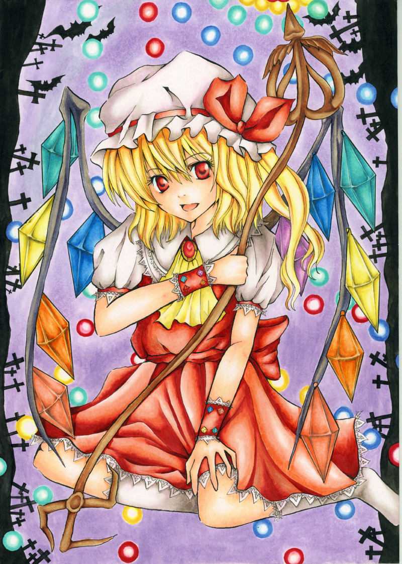 conductance, flandre scarlet, touhou, traditional media, 1girl, female focus, hat, mob cap, solo, white hat